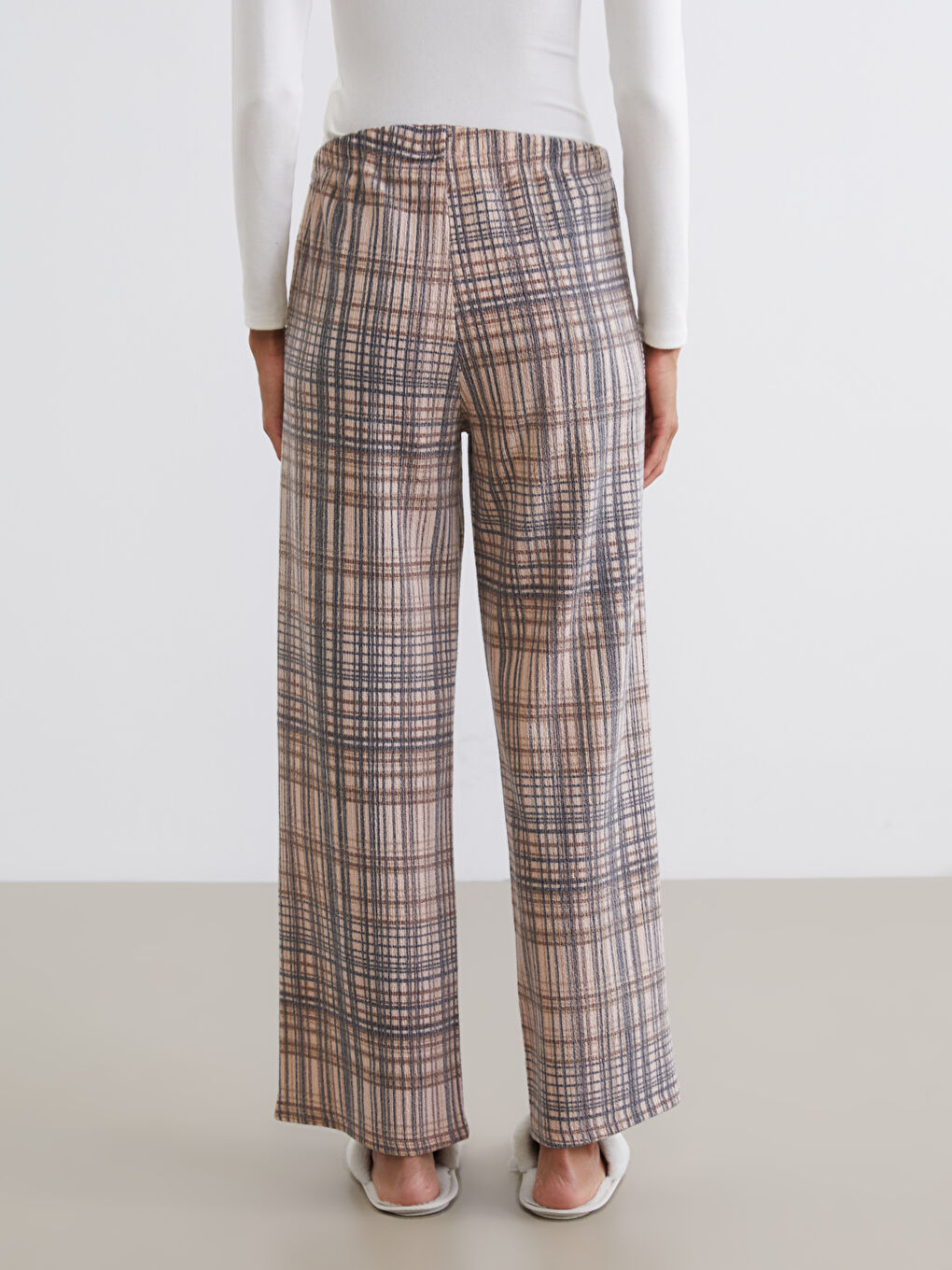 Kahverengi Beli Lastikli Ekose Kadın Pijama Altı-3