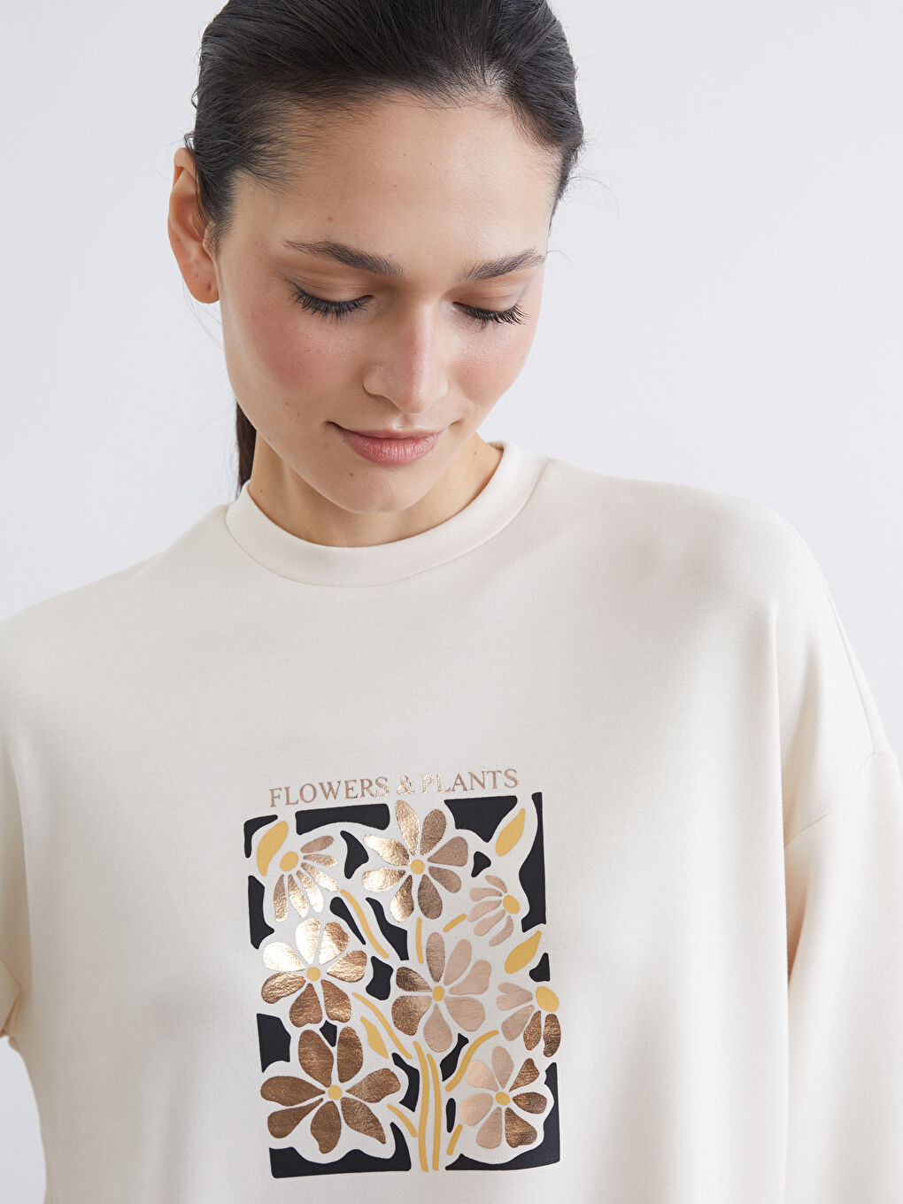 Bej Bisiklet Yaka Oversize Kadın Sweatshirt Tunik