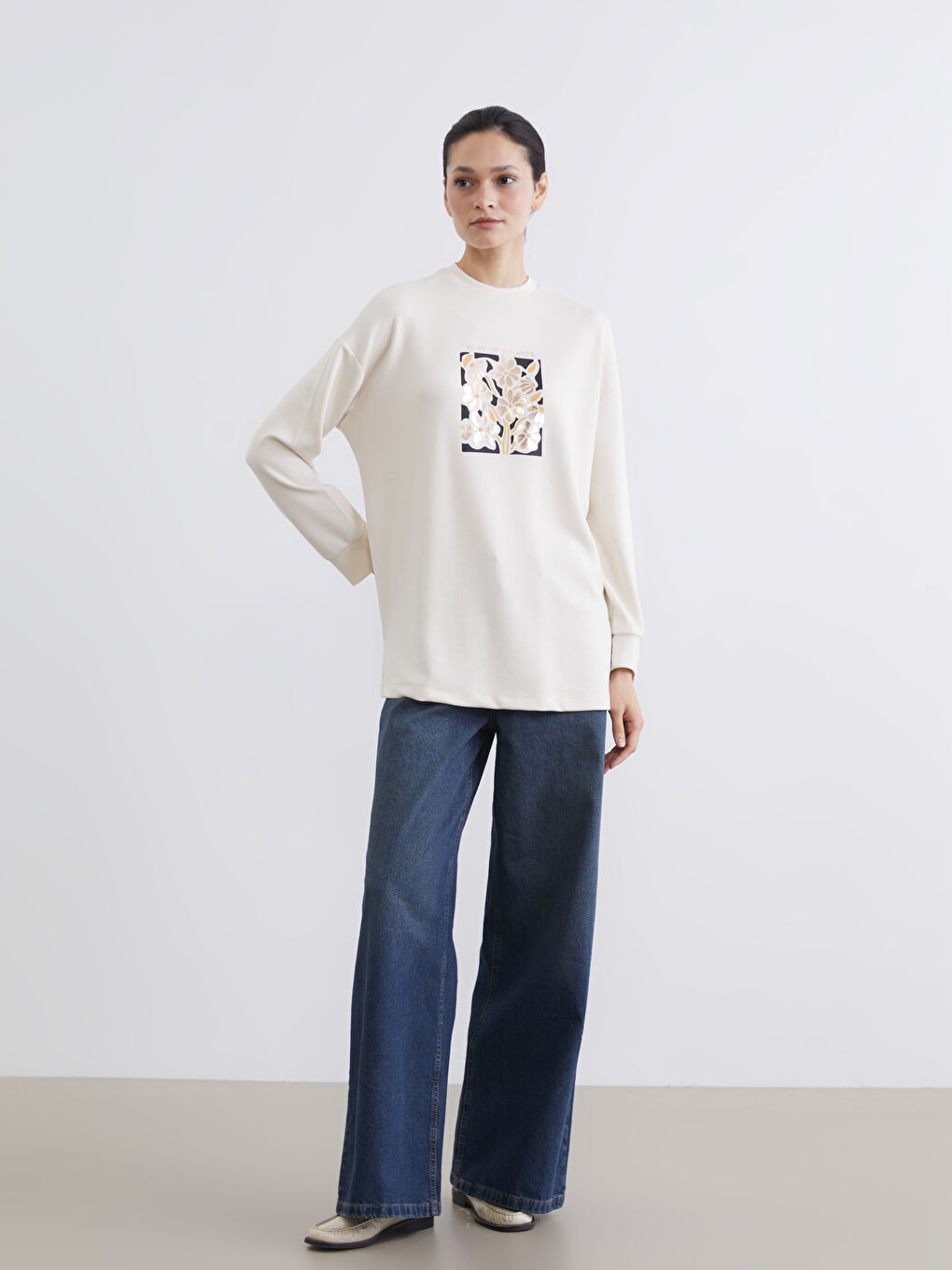 Bej Bisiklet Yaka Oversize Kadın Sweatshirt Tunik-1