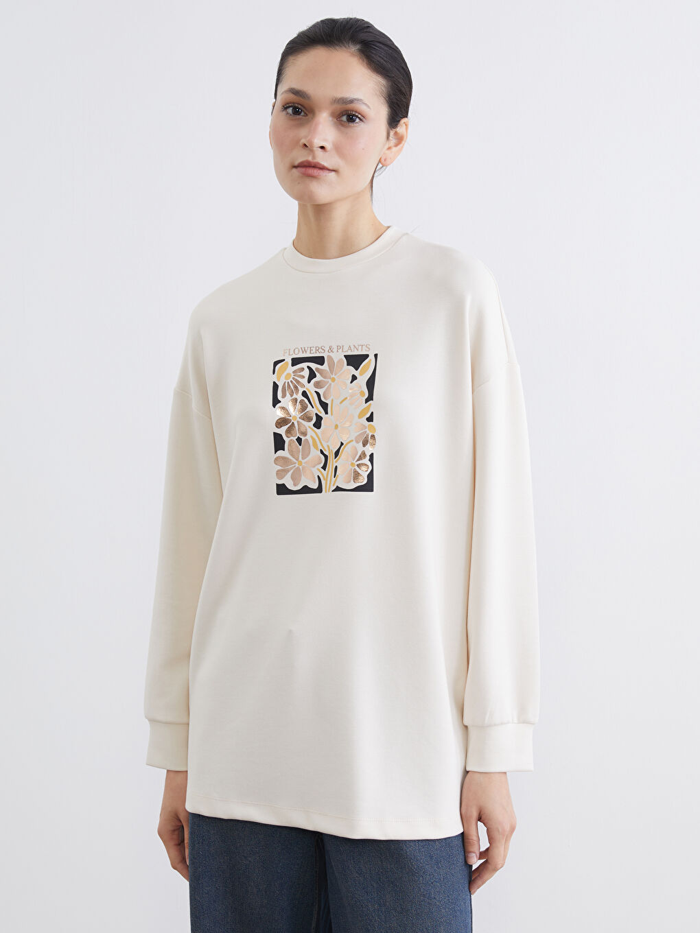 Bej Bisiklet Yaka Oversize Kadın Sweatshirt Tunik-2