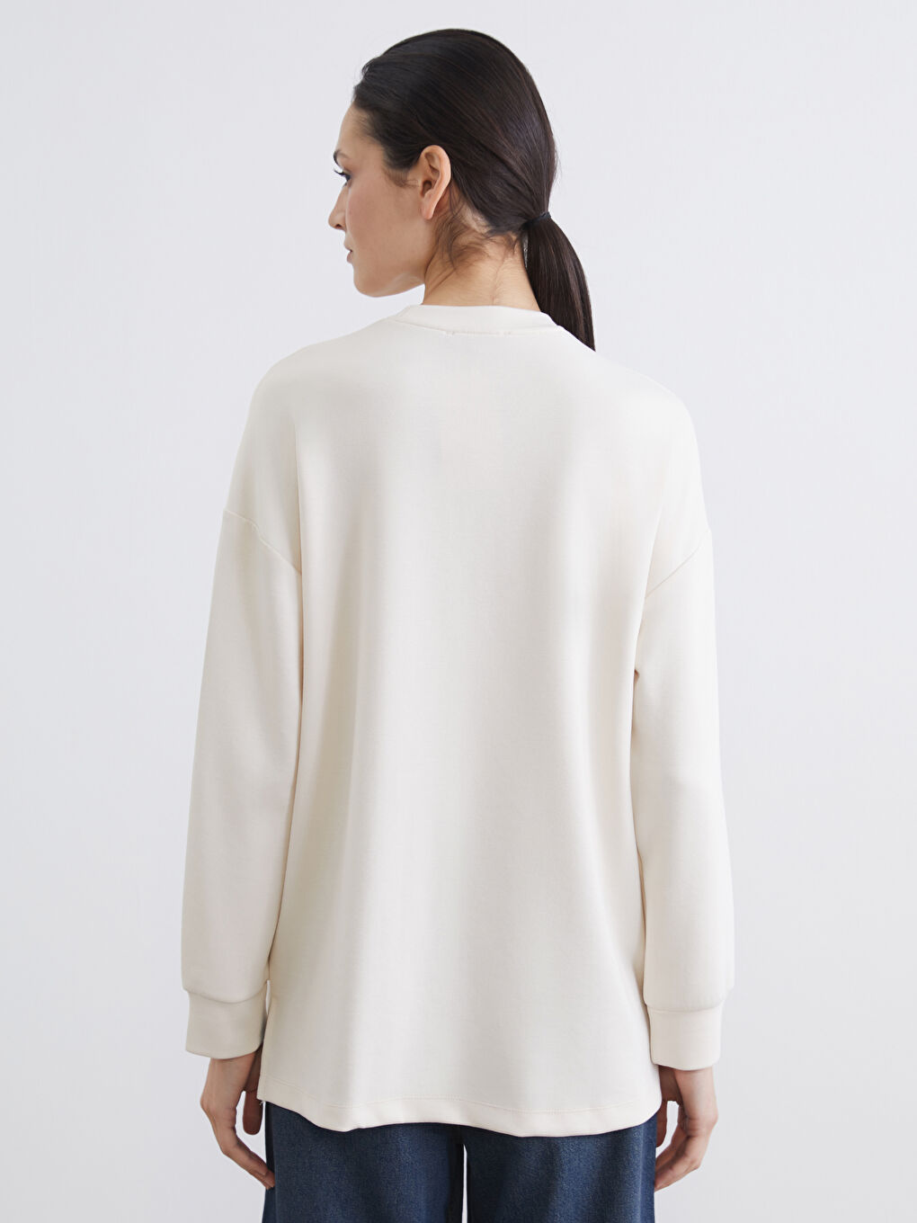 Bej Bisiklet Yaka Oversize Kadın Sweatshirt Tunik-4