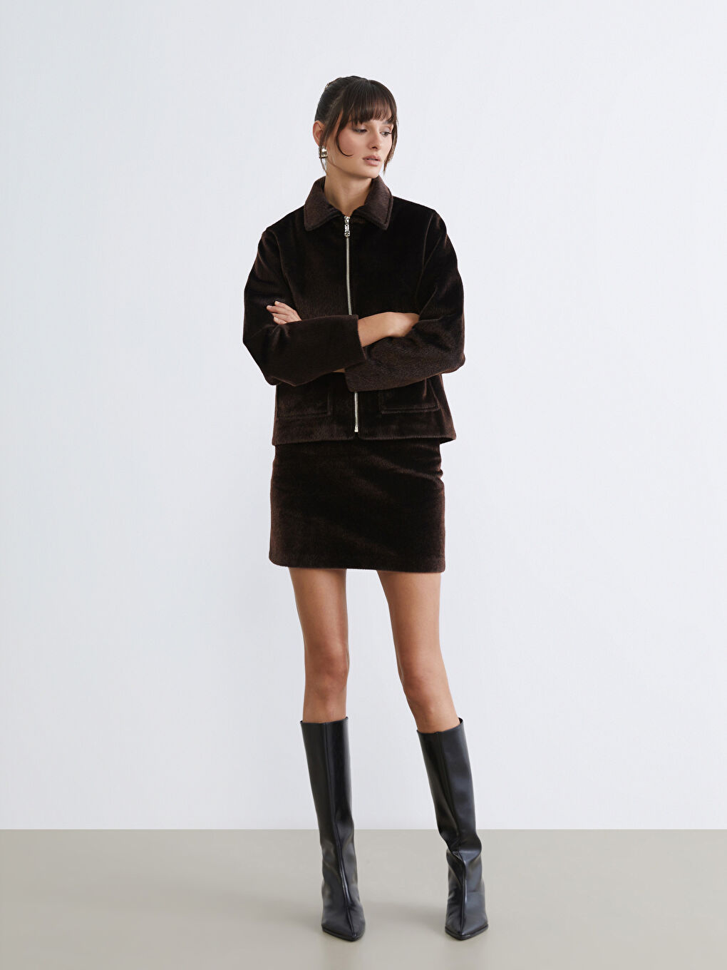 Kahverengi Beli Fermuarlı Mini Kürk Etek