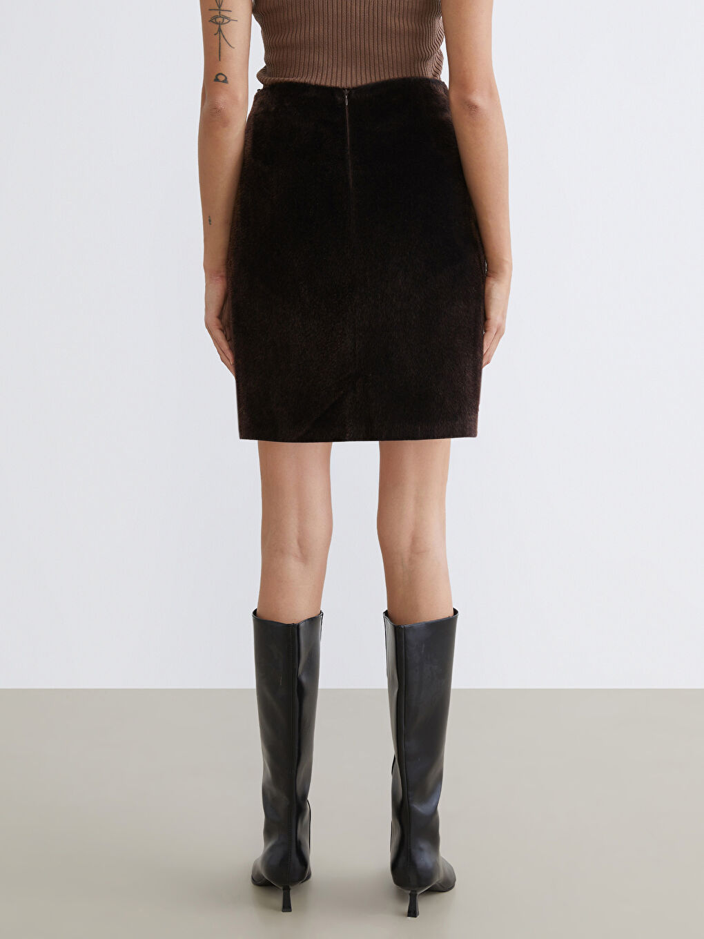 Kahverengi Beli Fermuarlı Mini Kürk Etek-3