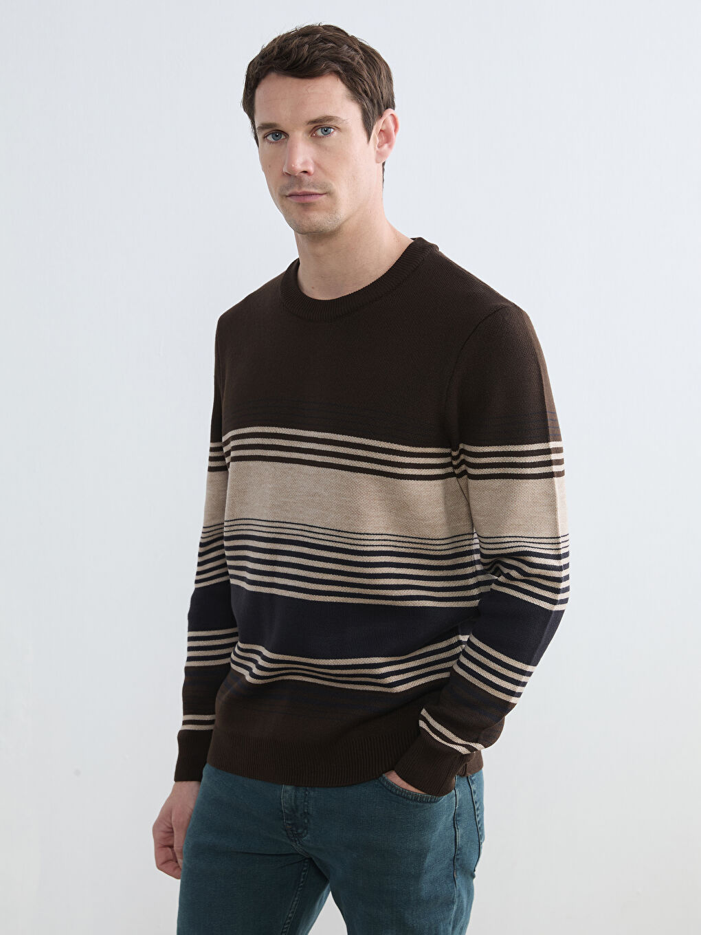 Bej Bisiklet Yaka Çizgili Erkek Triko Kazak