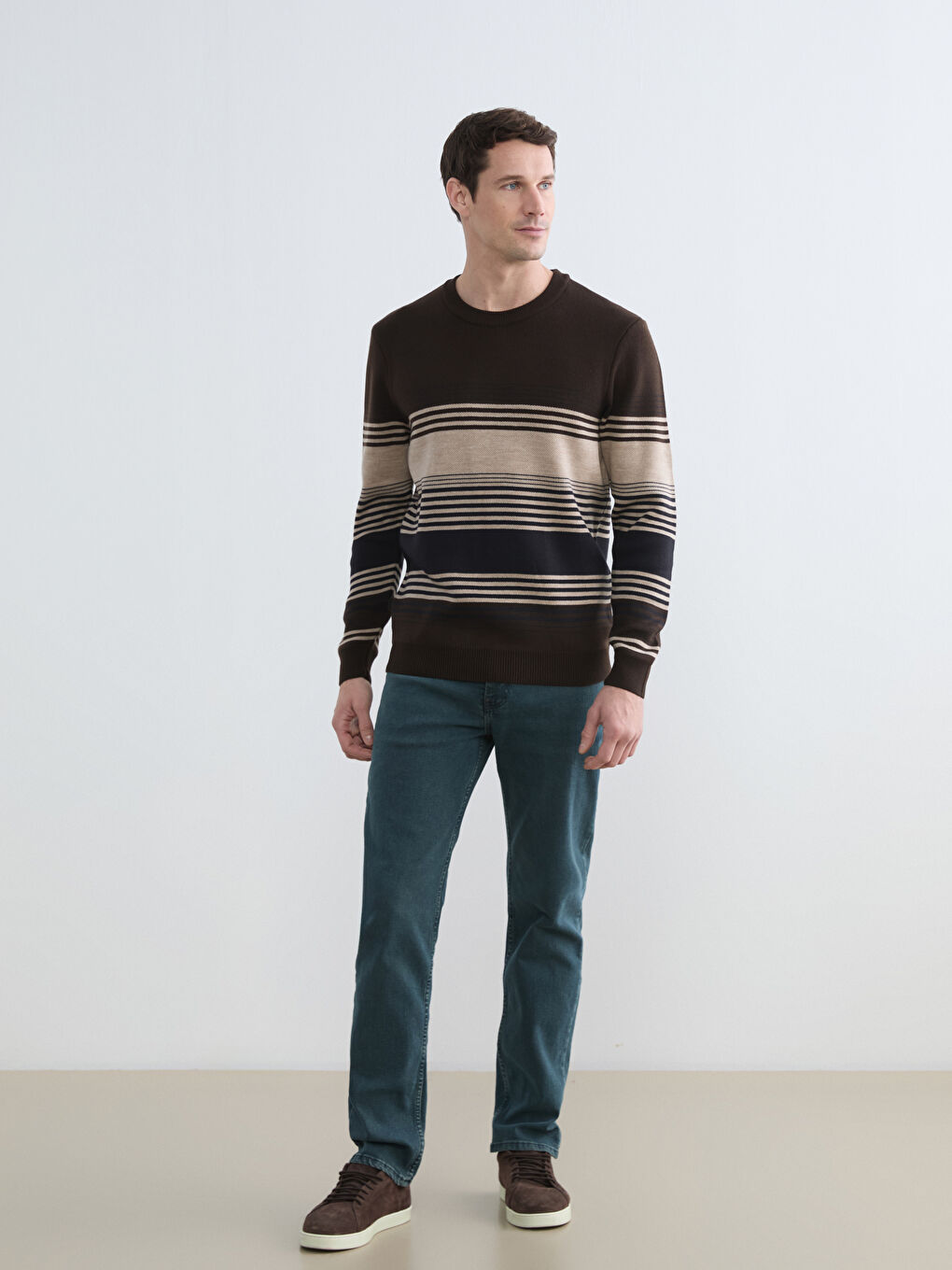 Bej Bisiklet Yaka Çizgili Erkek Triko Kazak-1