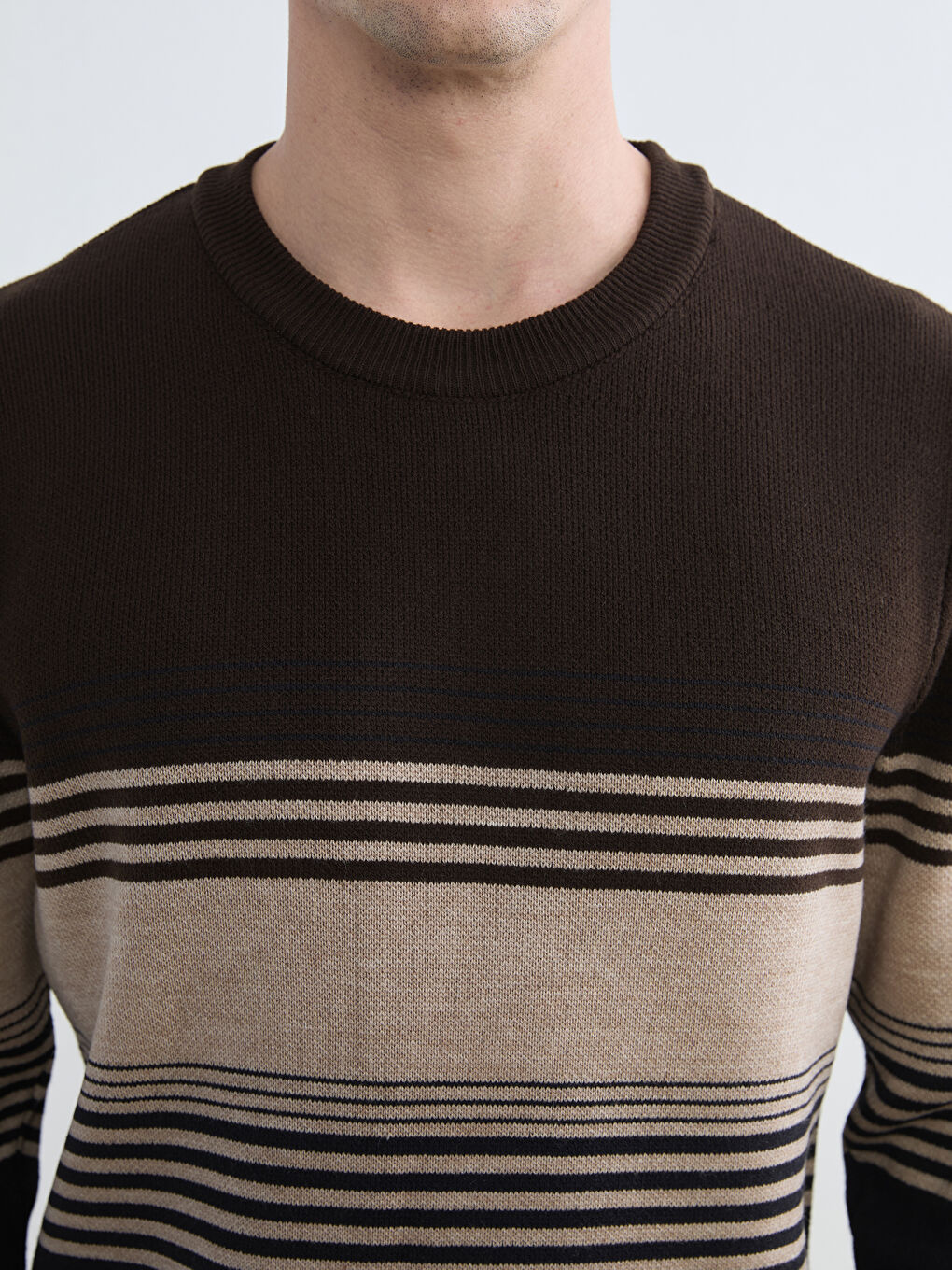 Bej Bisiklet Yaka Çizgili Erkek Triko Kazak-2