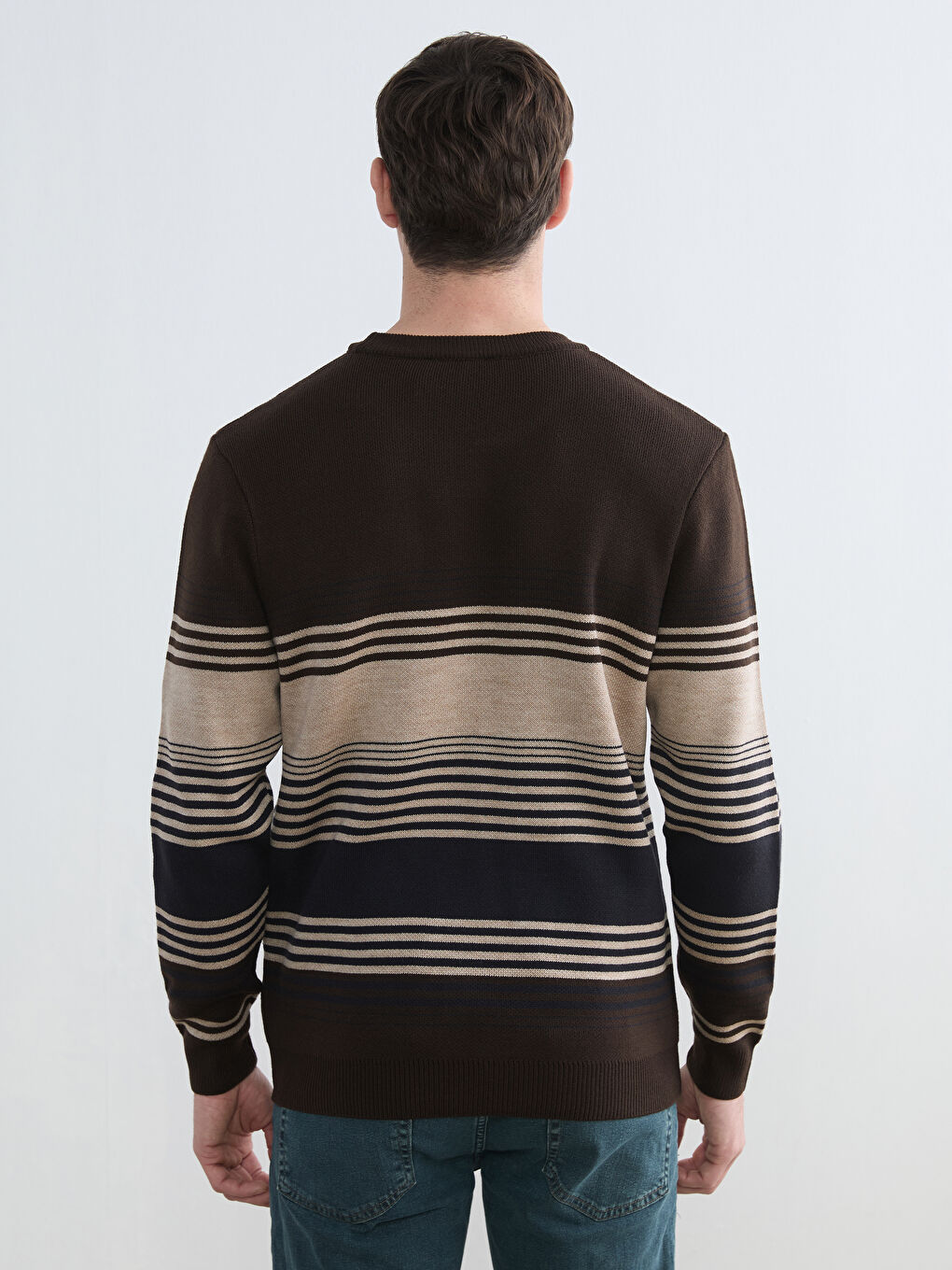 Bej Bisiklet Yaka Çizgili Erkek Triko Kazak-3