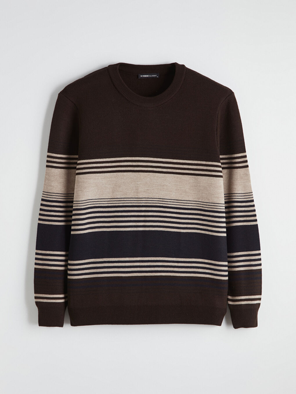 Bej Bisiklet Yaka Çizgili Erkek Triko Kazak-4