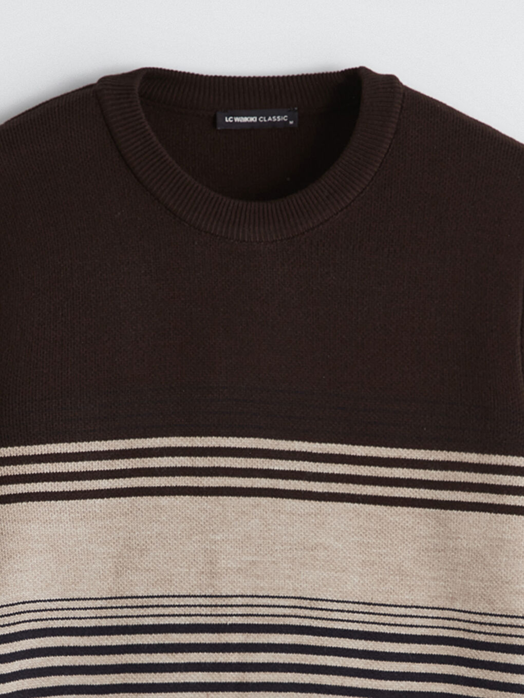 Bej Bisiklet Yaka Çizgili Erkek Triko Kazak-5