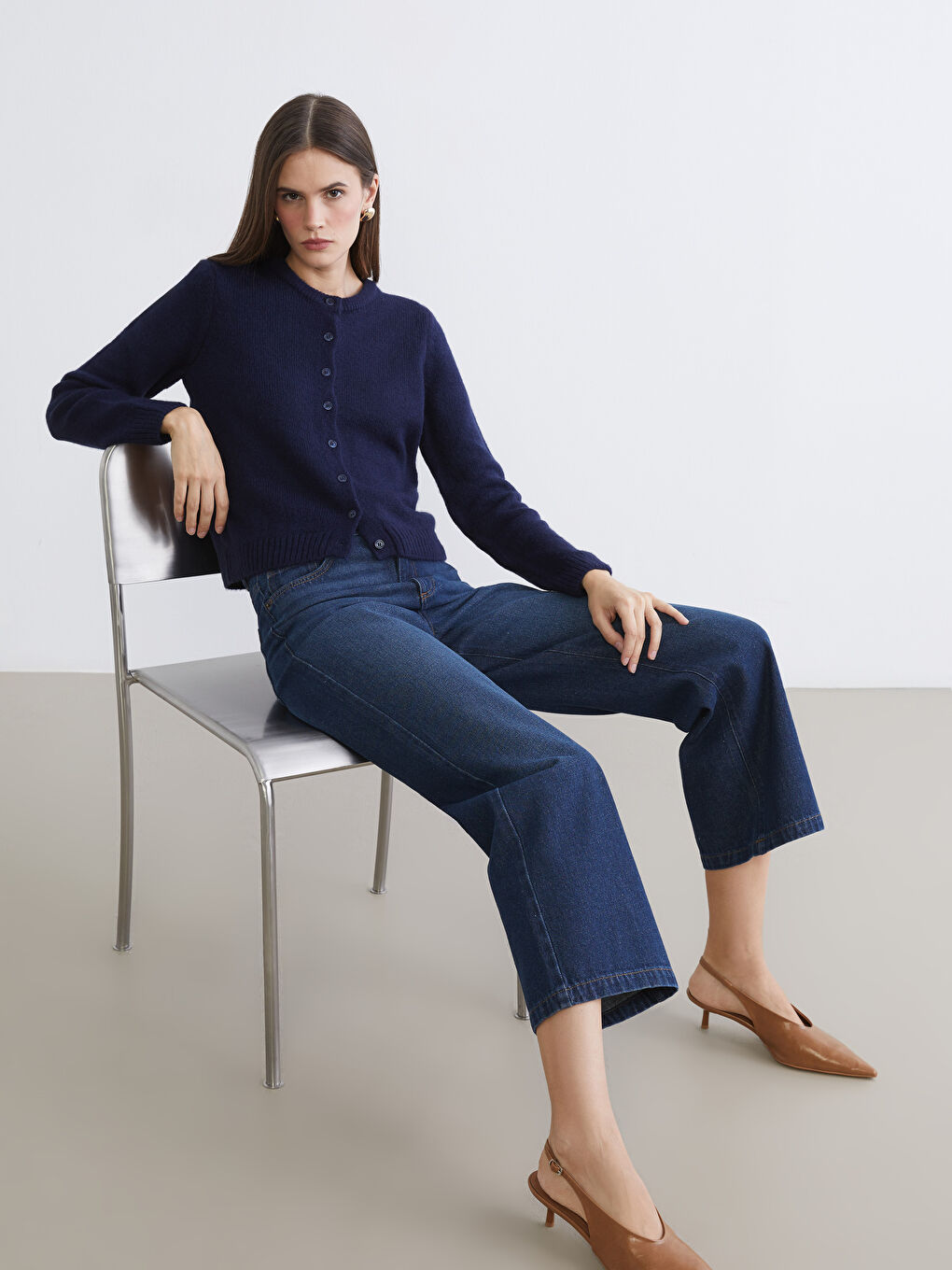 Lacivert Bisiklet Yaka Kadın Triko Hırka