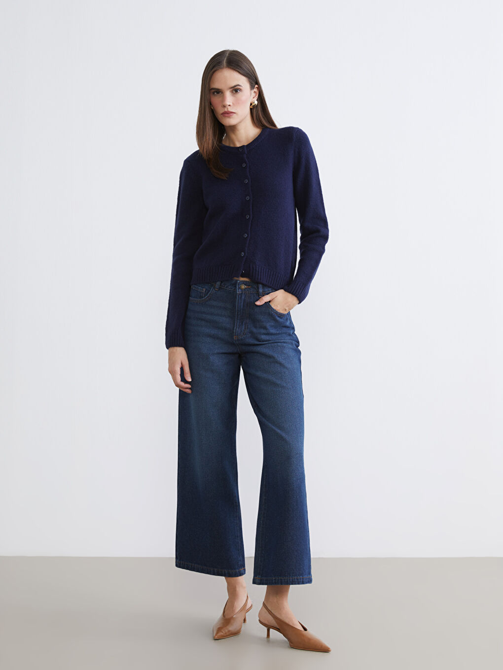 Lacivert Bisiklet Yaka Kadın Triko Hırka-1