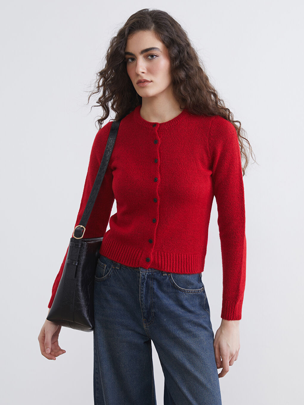 Kırmızı Bisiklet Yaka Kadın Triko Hırka