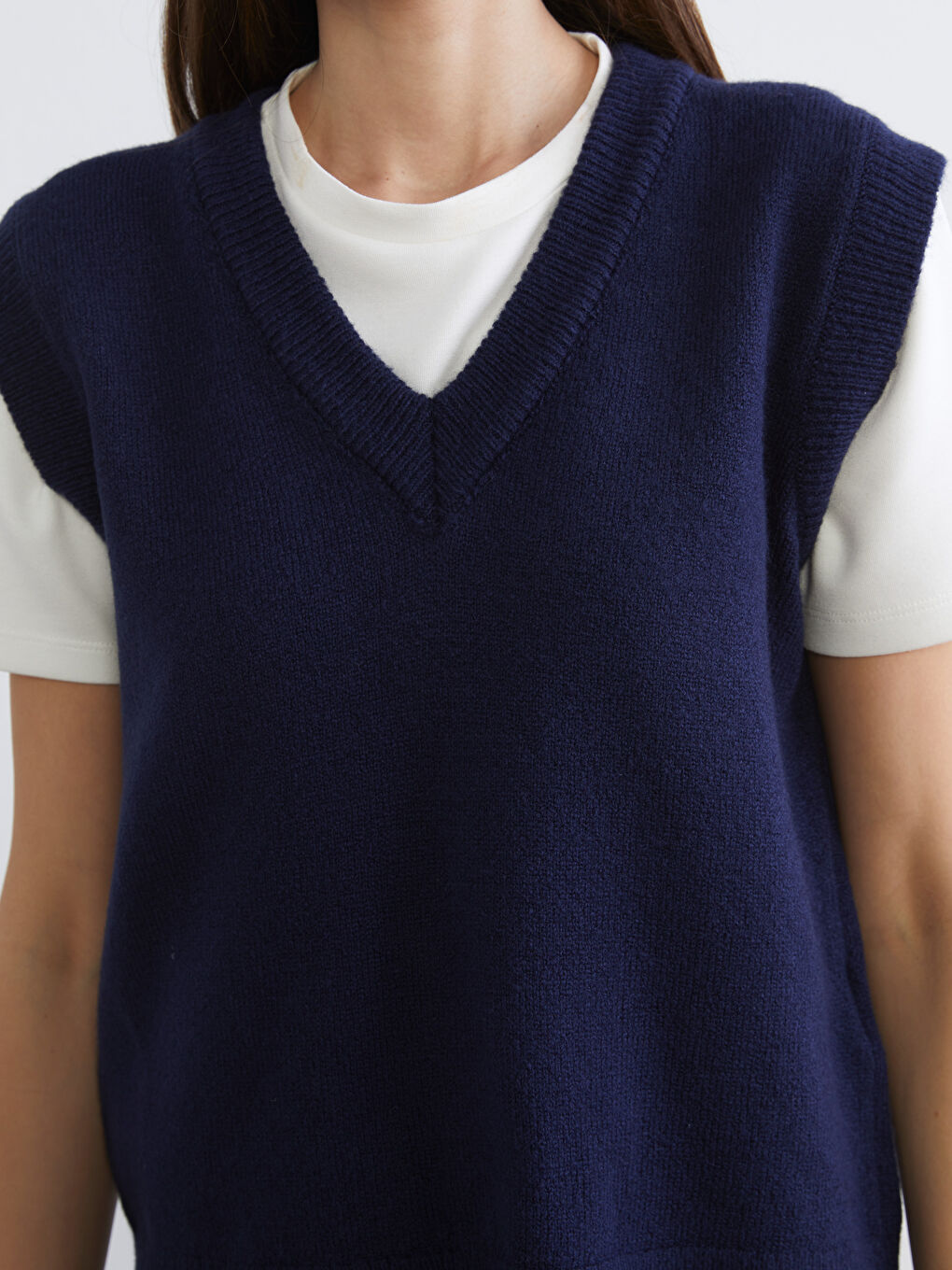Lacivert V Yaka Kadın Triko Süveter-2