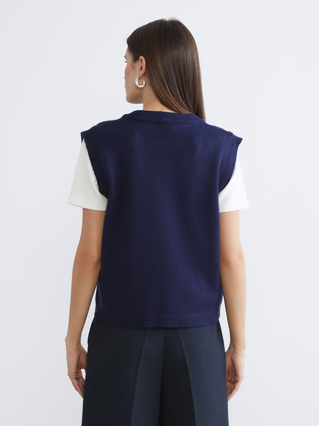 Lacivert V Yaka Kadın Triko Süveter-3