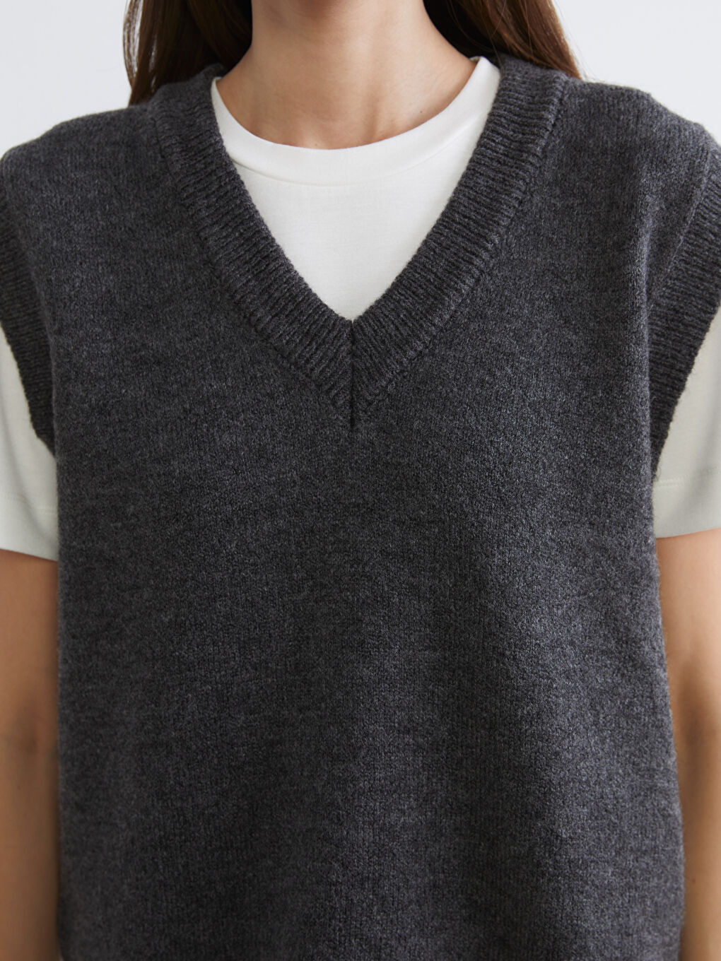 Antrasit V Yaka Kadın Triko Süveter-2
