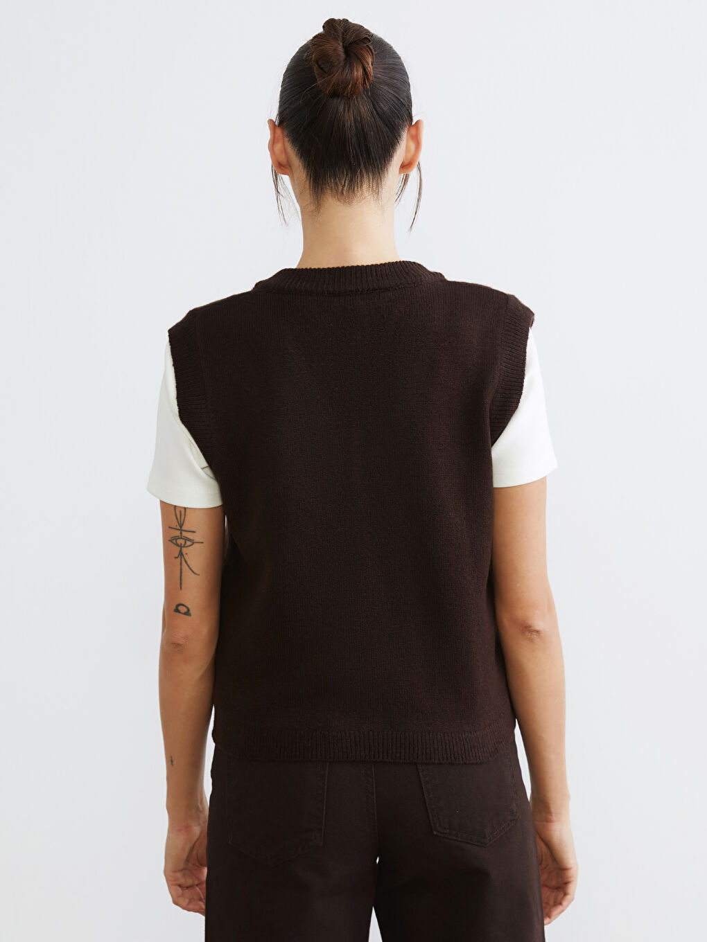 Kahverengi V Yaka Kadın Triko Süveter-3