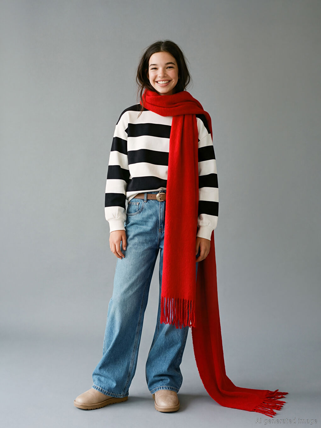 Siyah Bisiklet Yaka Çizgili Kız Çocuk Kalın Sweatshirt