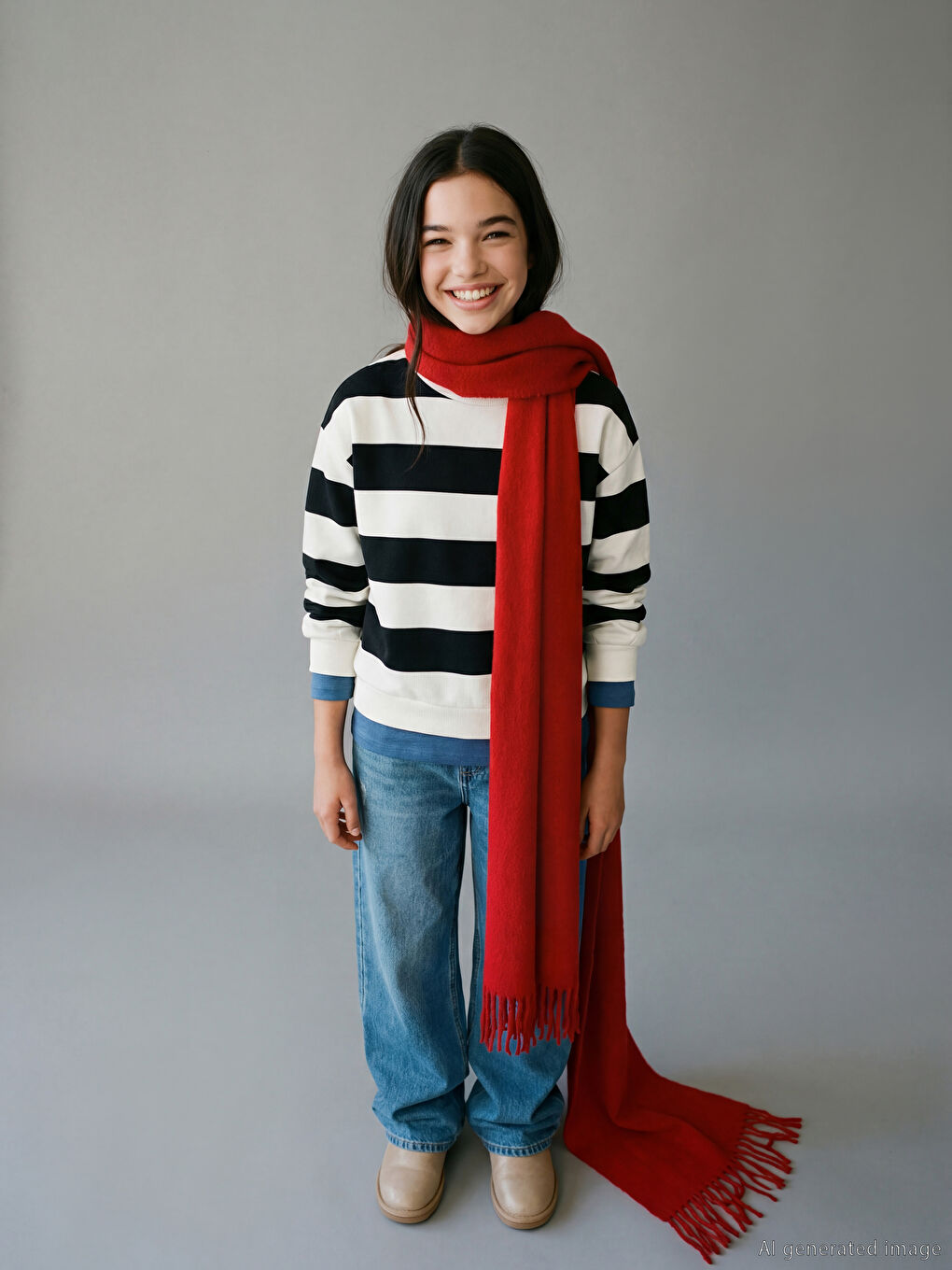 Siyah Bisiklet Yaka Çizgili Kız Çocuk Kalın Sweatshirt-1