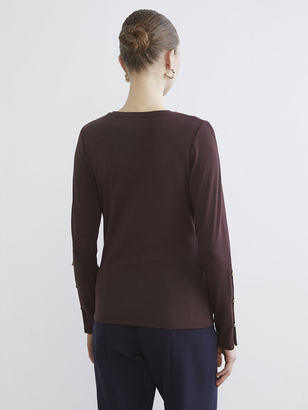 Mürdüm Bisiklet Yaka Fitilli Kadın Tişört-3