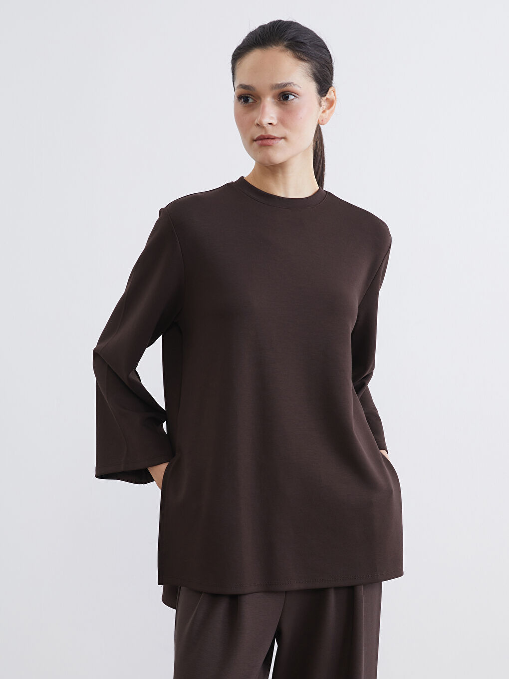 Kahverengi Bisiklet Yaka Oversize Kadın Sweatshirt Tunik