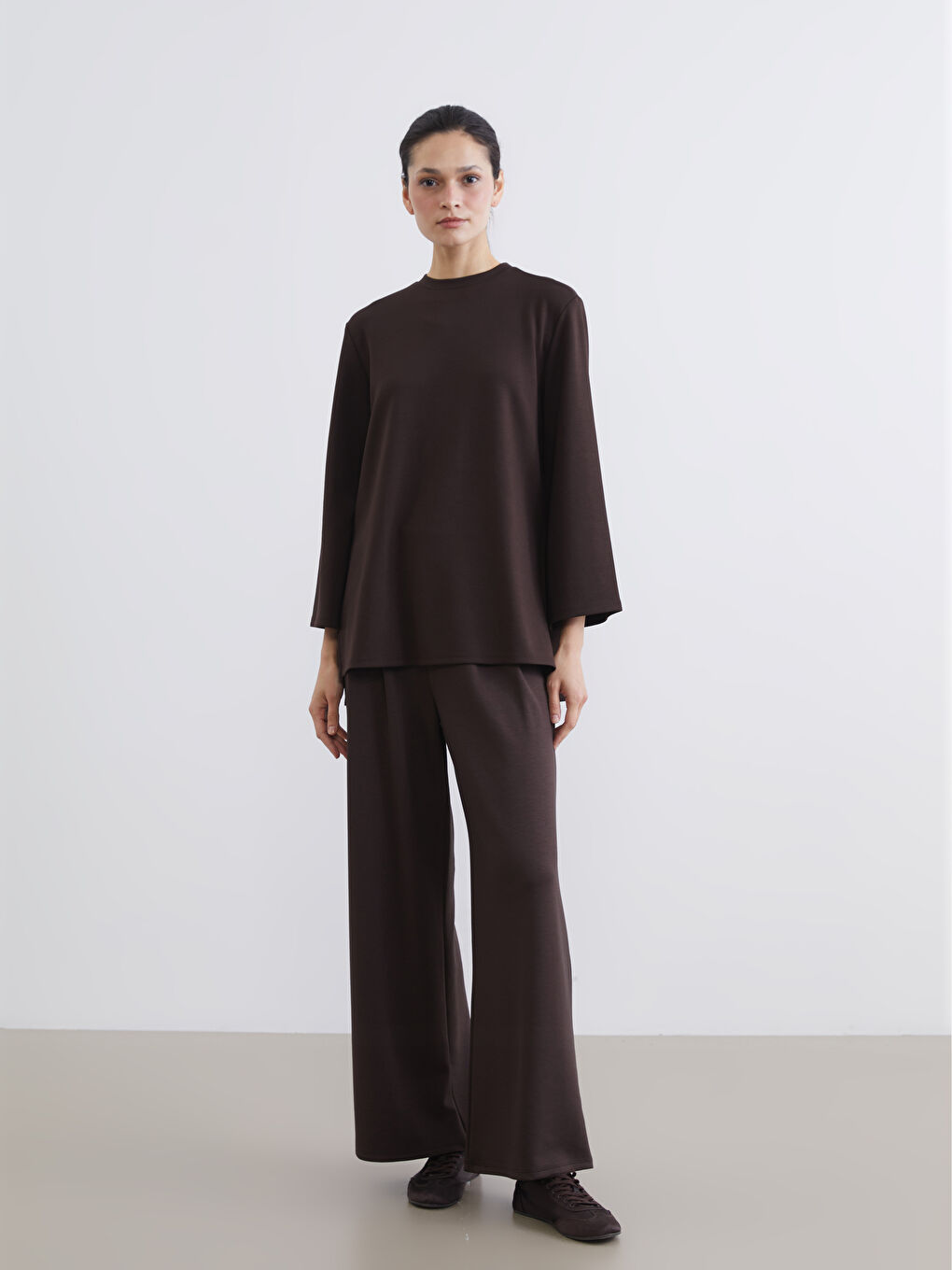 Kahverengi Bisiklet Yaka Oversize Kadın Sweatshirt Tunik-1