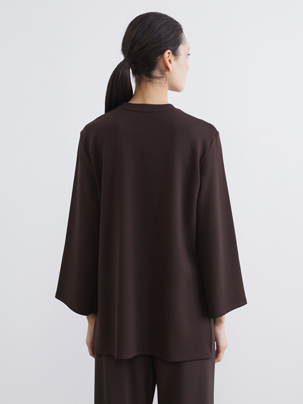 Kahverengi Bisiklet Yaka Oversize Kadın Sweatshirt Tunik-3