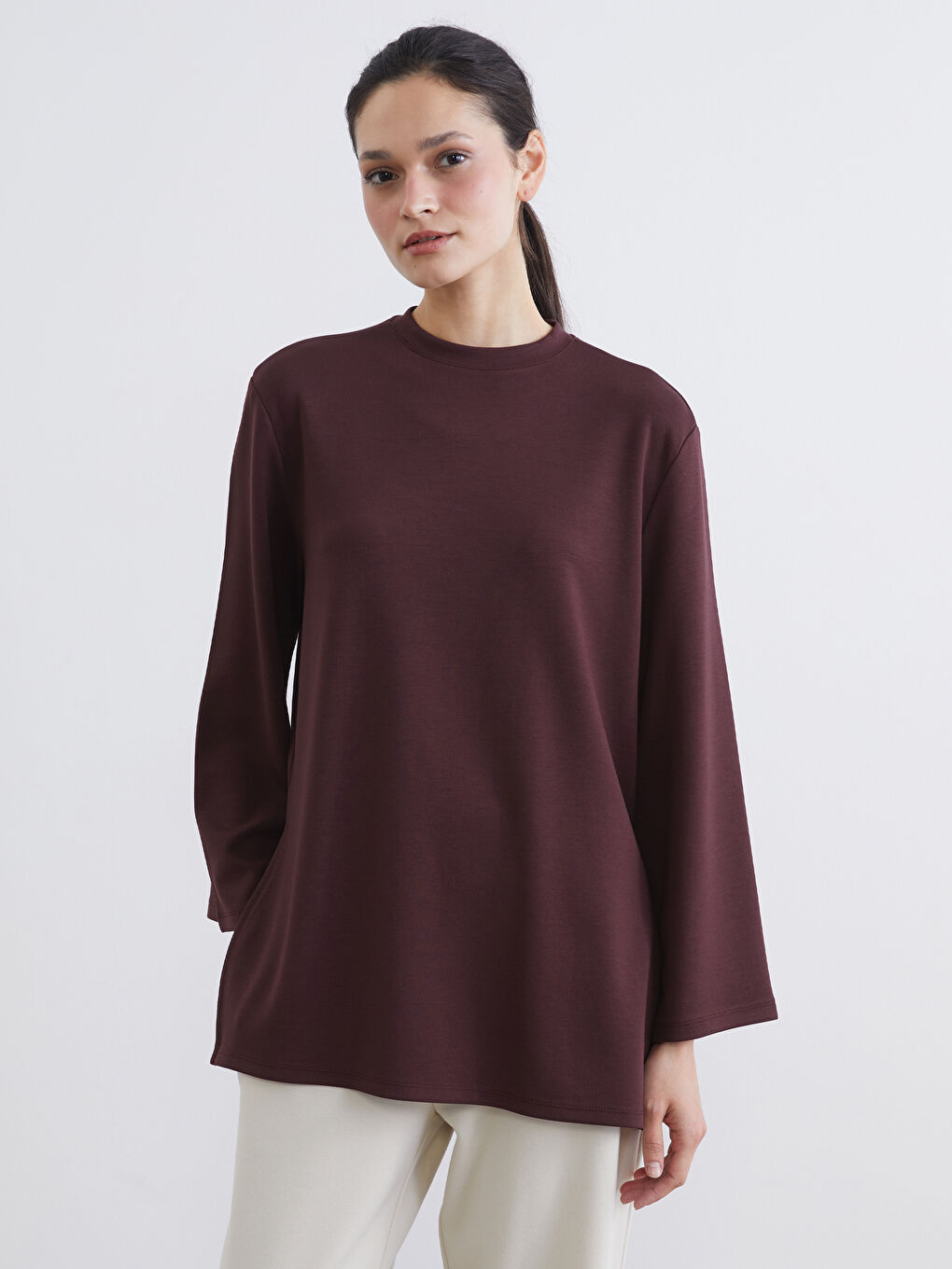 Mürdüm Bisiklet Yaka Oversize Kadın Sweatshirt Tunik