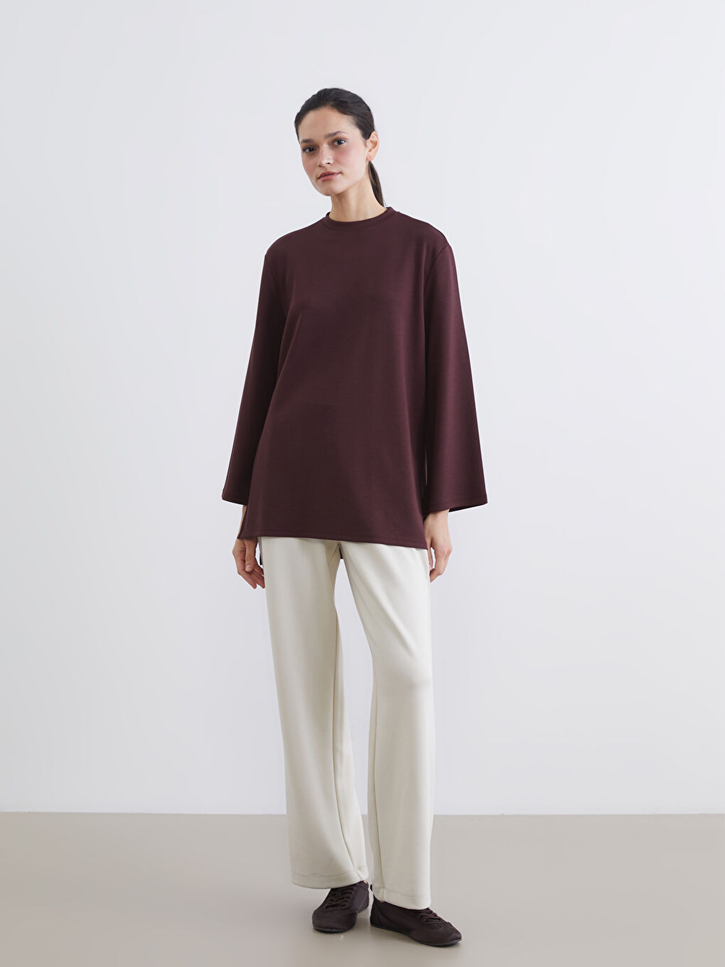 Mürdüm Bisiklet Yaka Oversize Kadın Sweatshirt Tunik-1