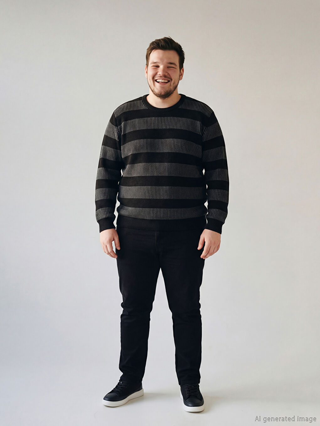 Siyah Büyük Beden Bisiklet Yaka Çizgili Erkek Triko Kazak-1