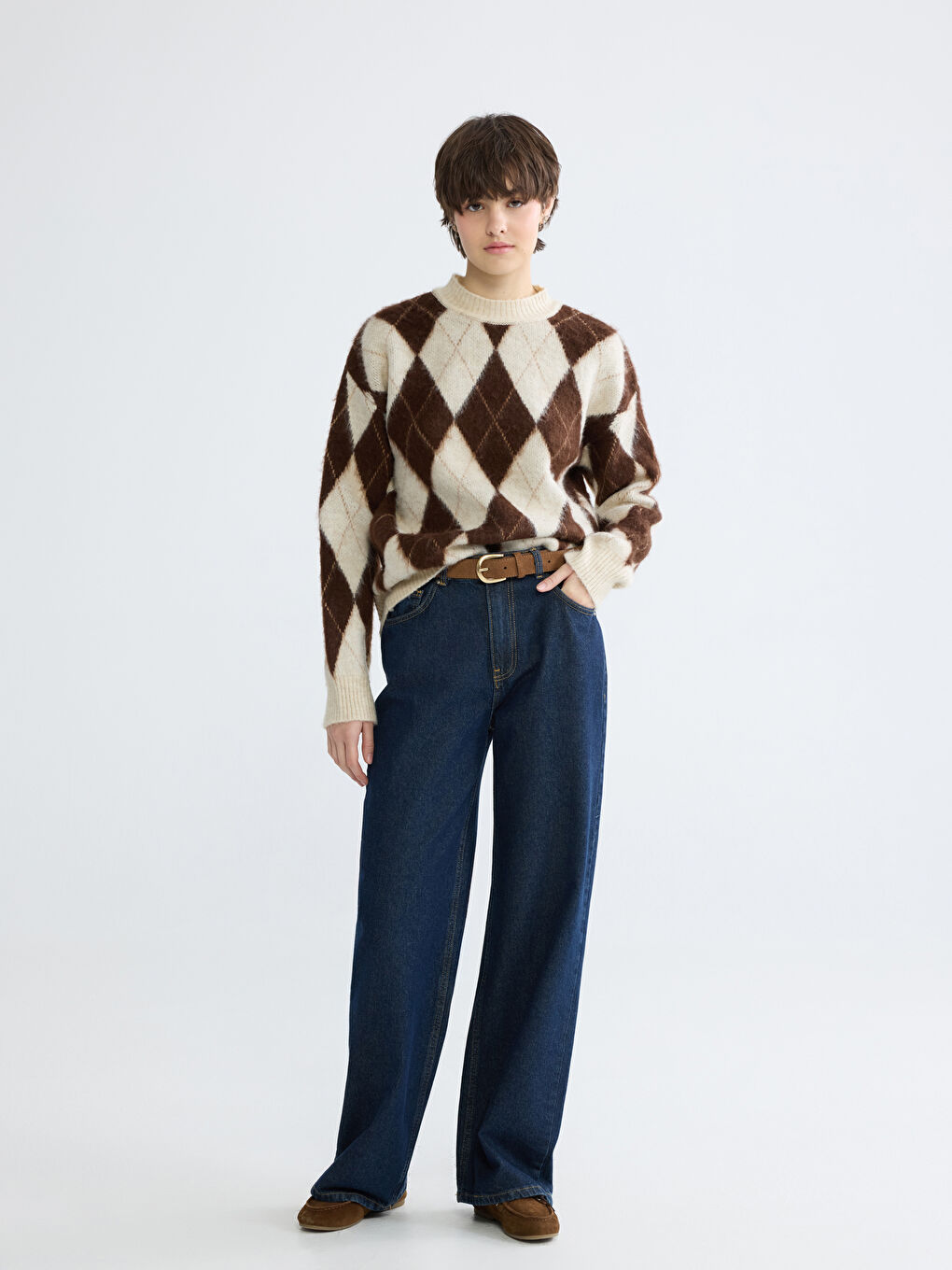 Kahverengi Baklava Desenli Oversize Kadın Triko Kazak-1