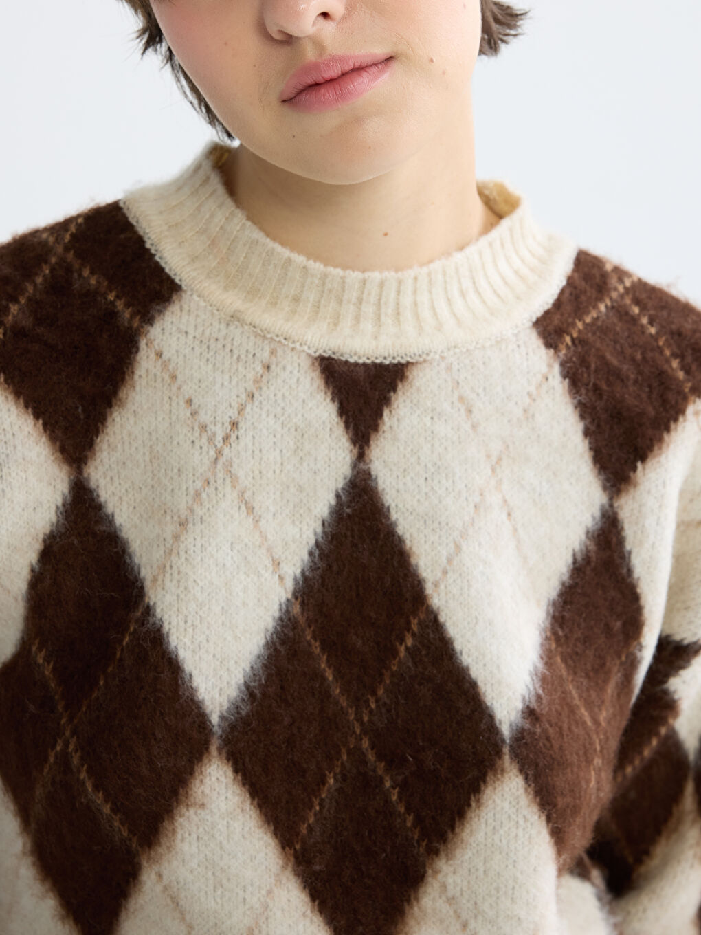 Kahverengi Baklava Desenli Oversize Kadın Triko Kazak-2