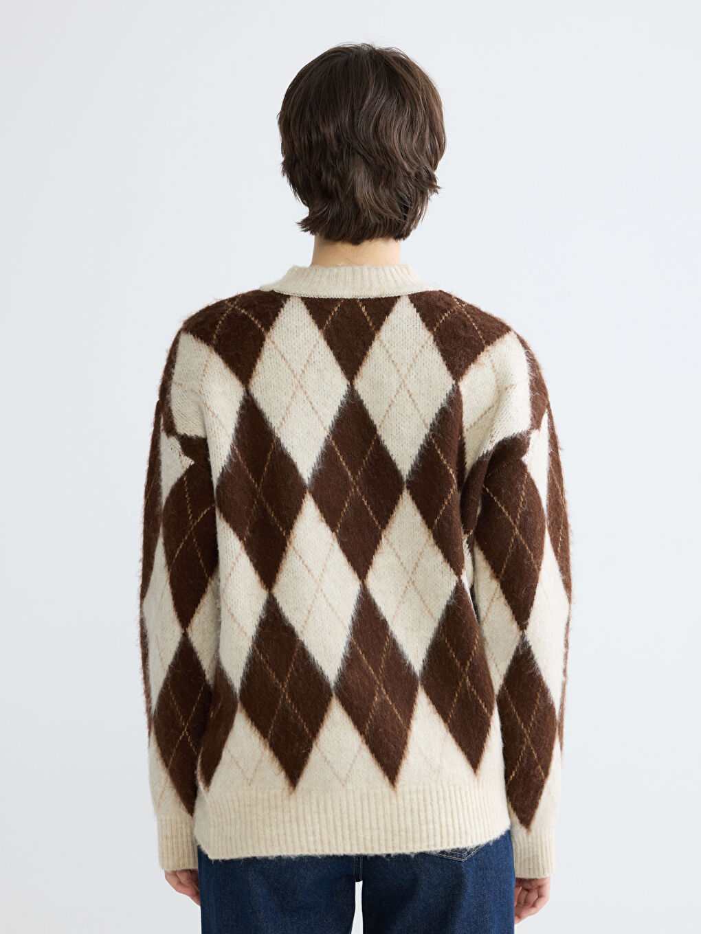 Kahverengi Baklava Desenli Oversize Kadın Triko Kazak-3