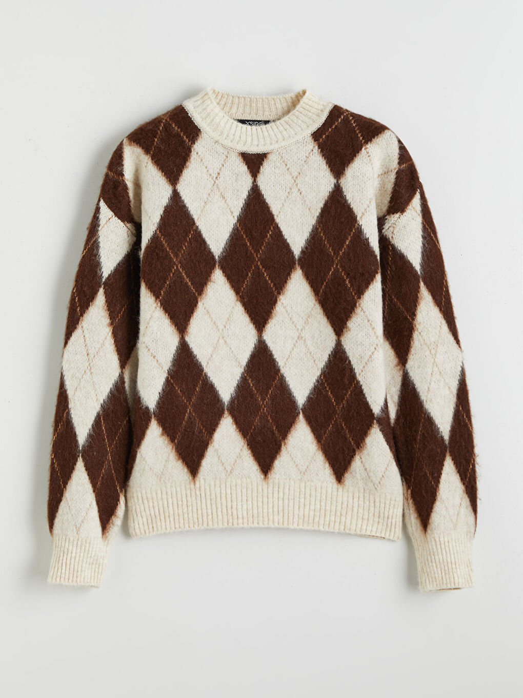 Kahverengi Baklava Desenli Oversize Kadın Triko Kazak-4