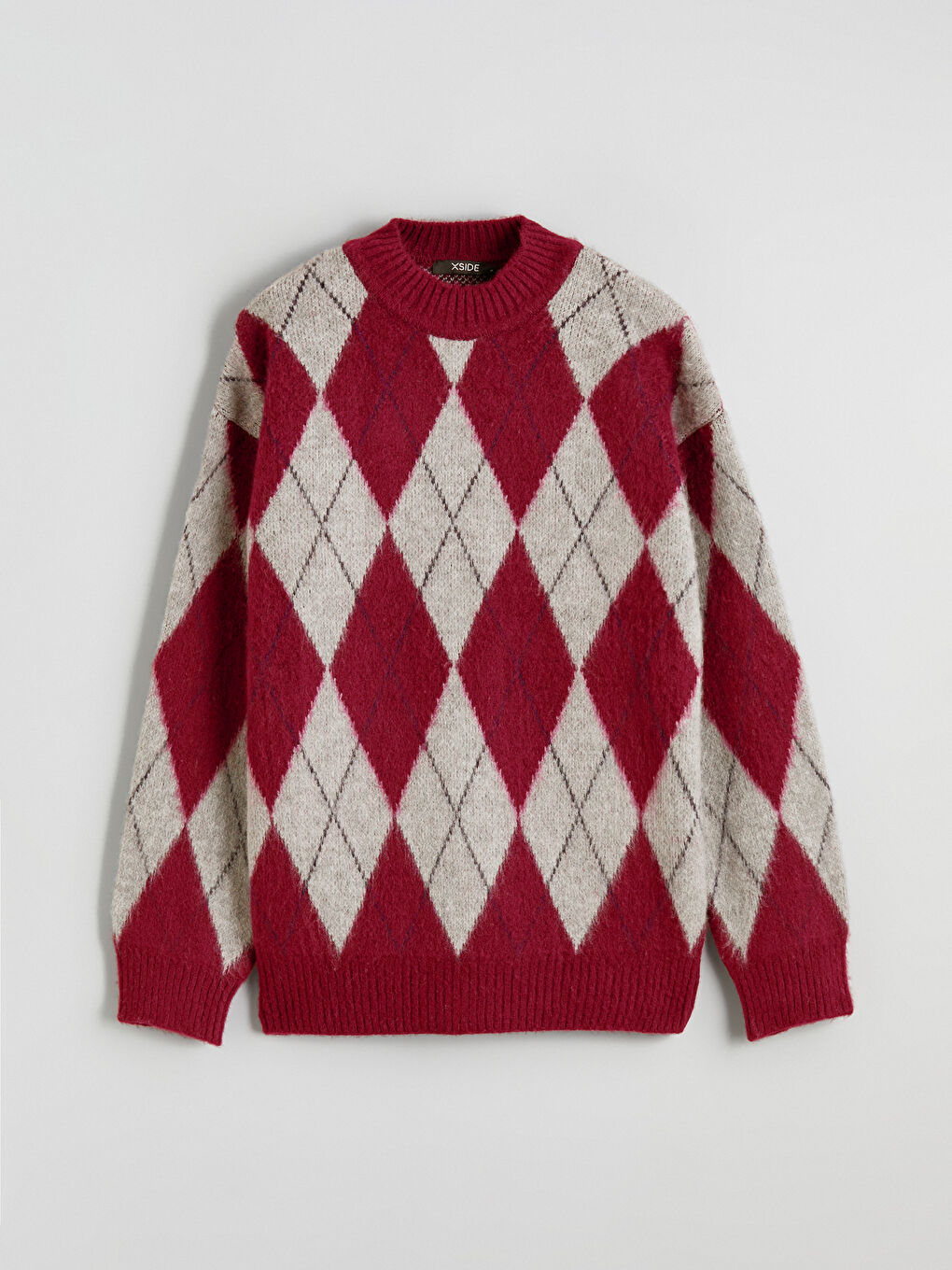 Bordo Baklava Desenli Oversize Kadın Triko Kazak