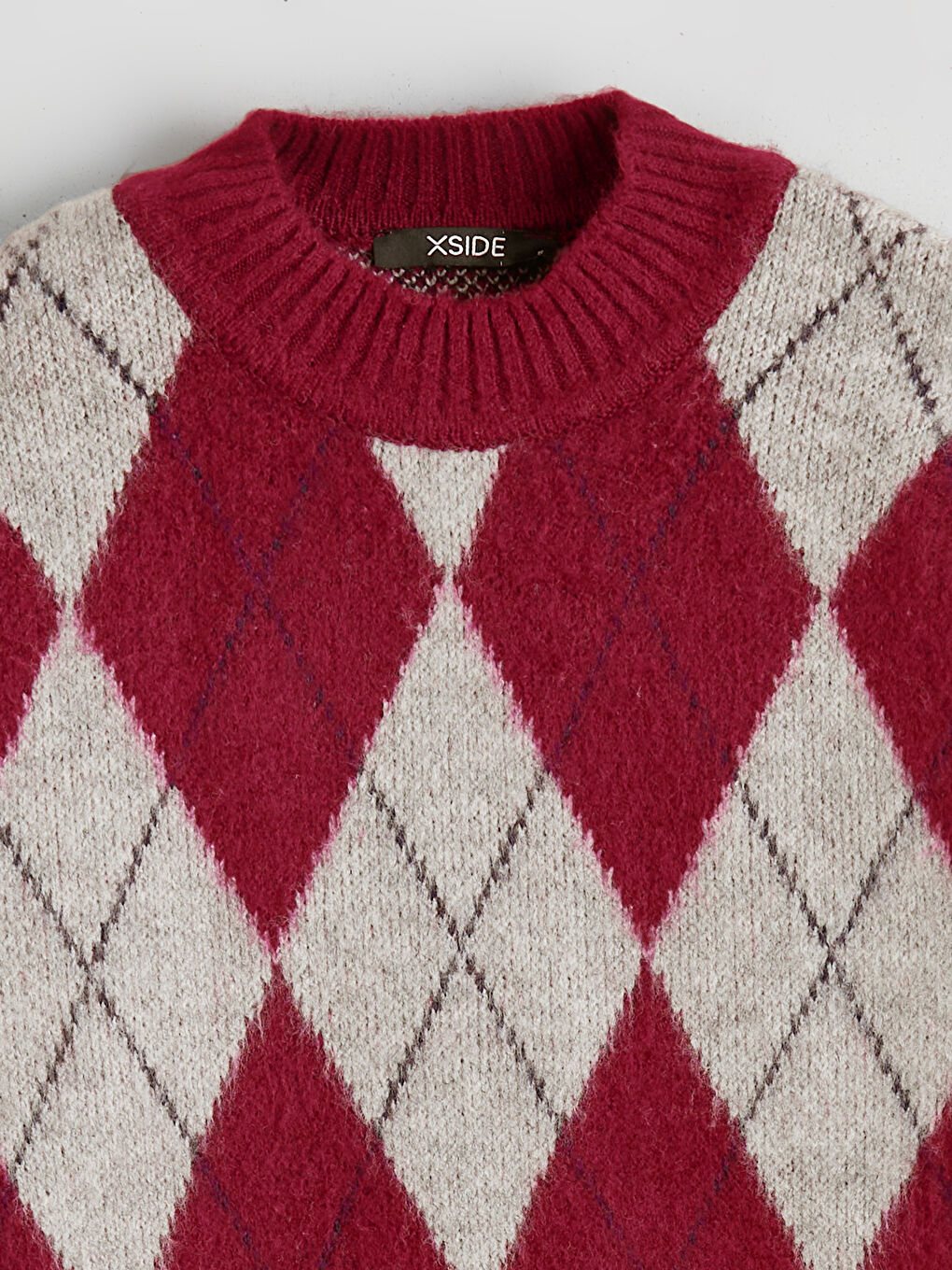 Bordo Baklava Desenli Oversize Kadın Triko Kazak-1