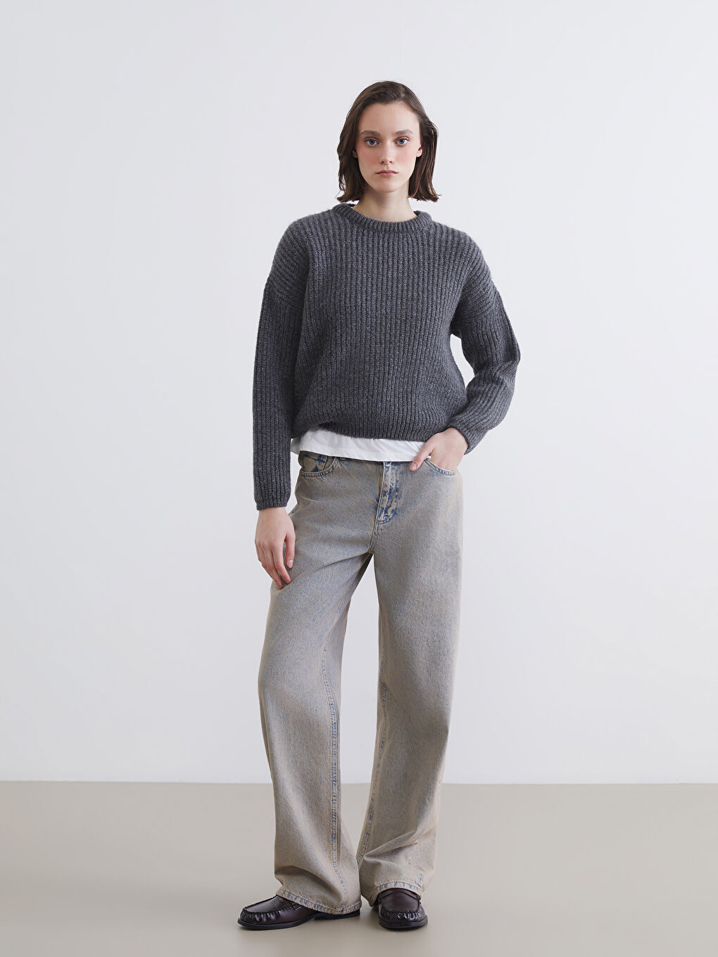 Antrasit Bisiklet Yaka Oversize Kadın Triko Kazak-1