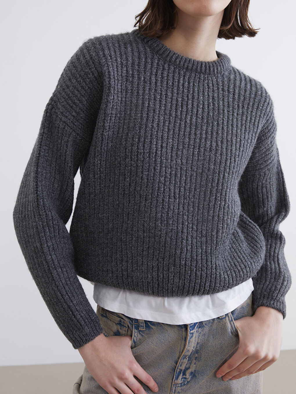 Antrasit Bisiklet Yaka Oversize Kadın Triko Kazak-2