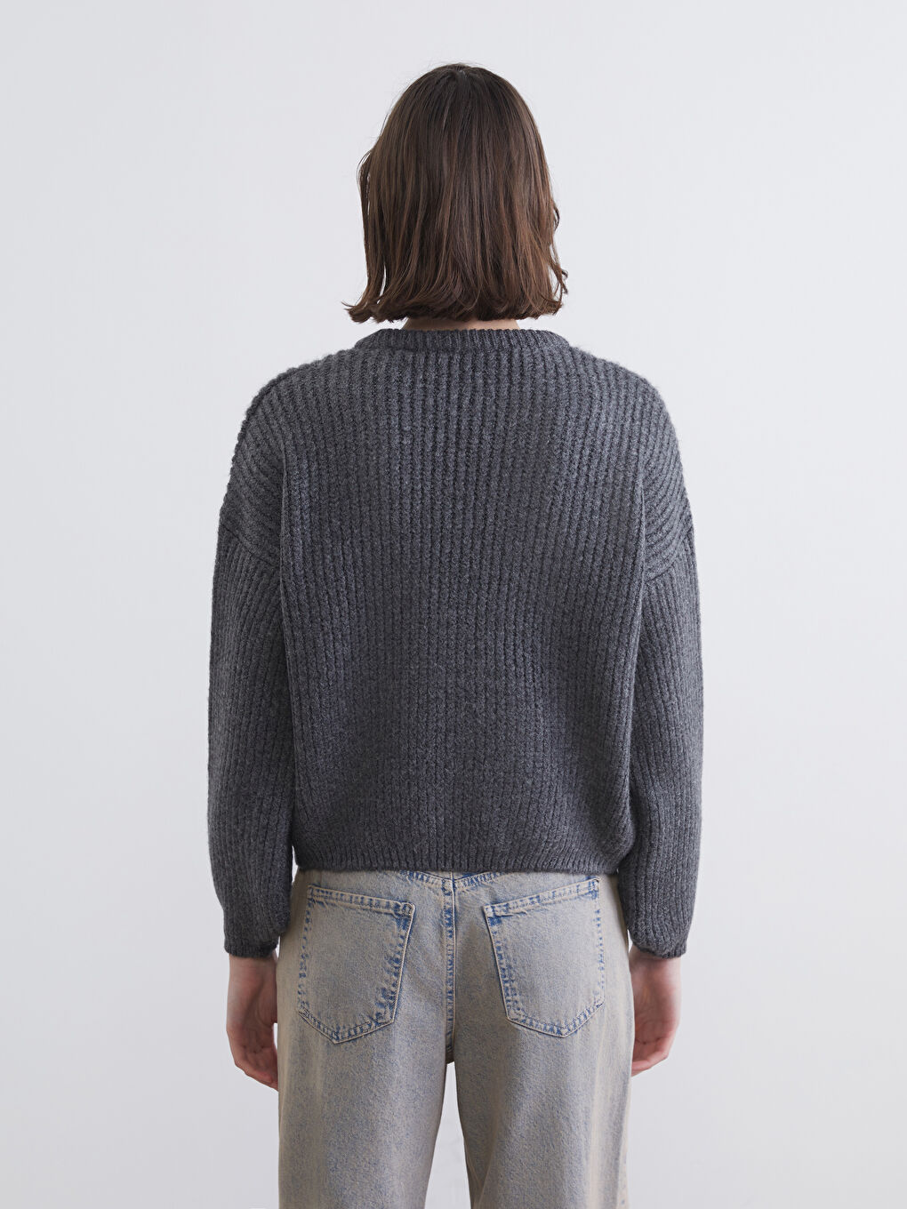 Antrasit Bisiklet Yaka Oversize Kadın Triko Kazak-3