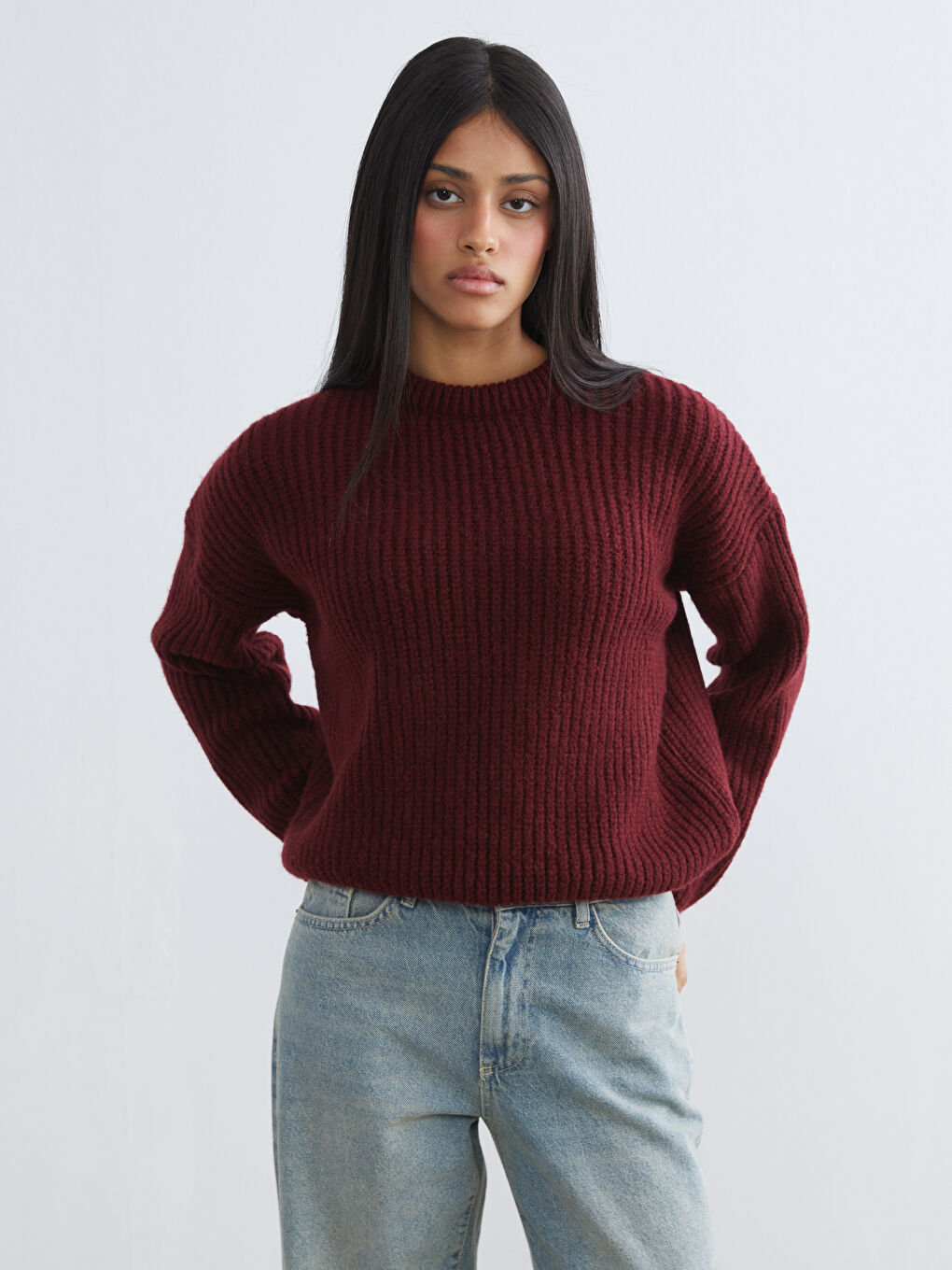 Bordo Bisiklet Yaka Oversize Kadın Triko Kazak