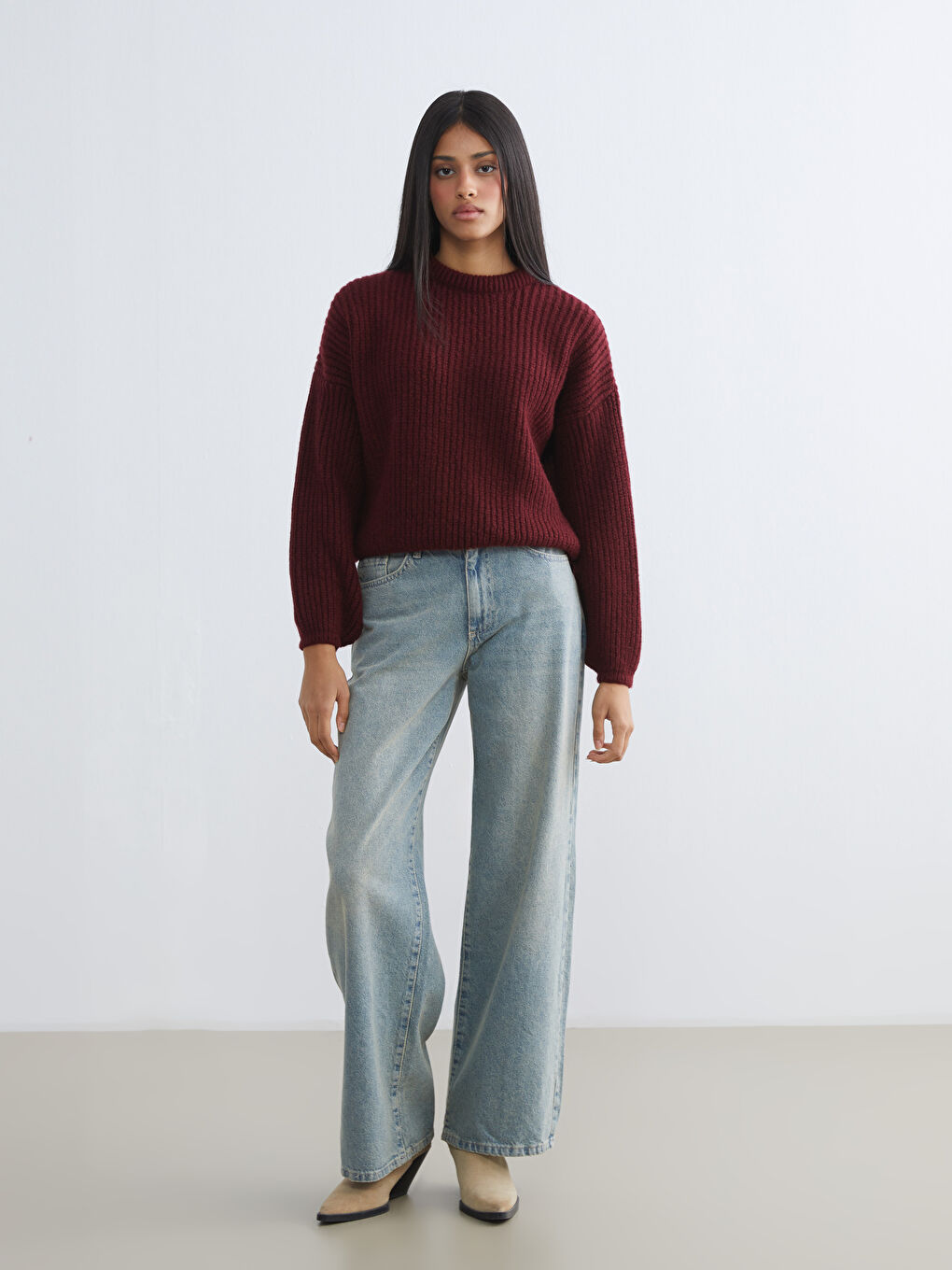 Bordo Bisiklet Yaka Oversize Kadın Triko Kazak-1