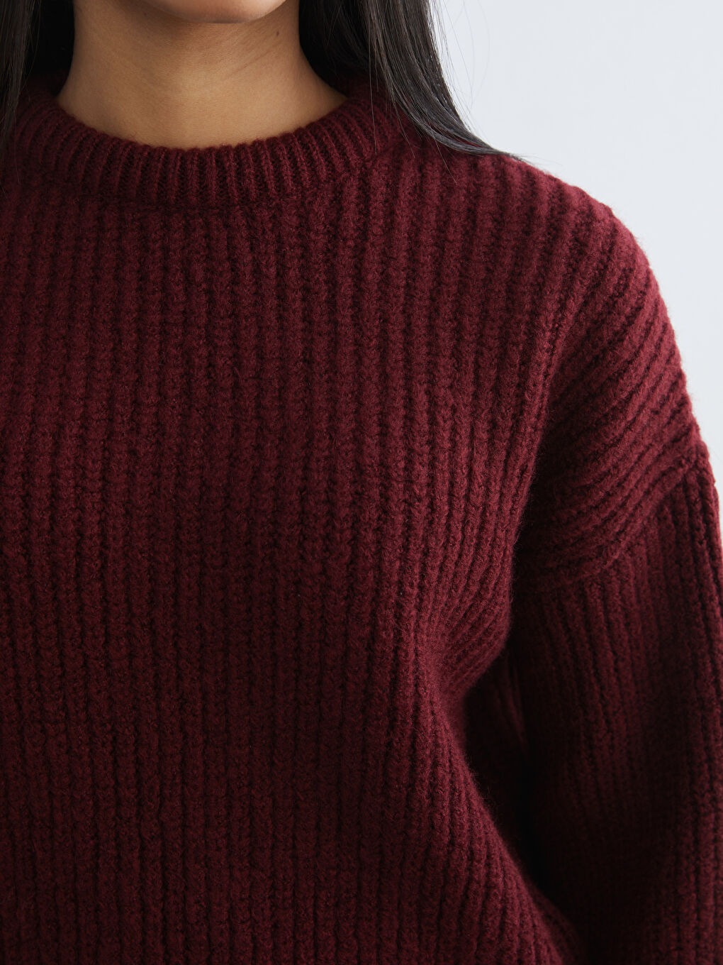 Bordo Bisiklet Yaka Oversize Kadın Triko Kazak-2