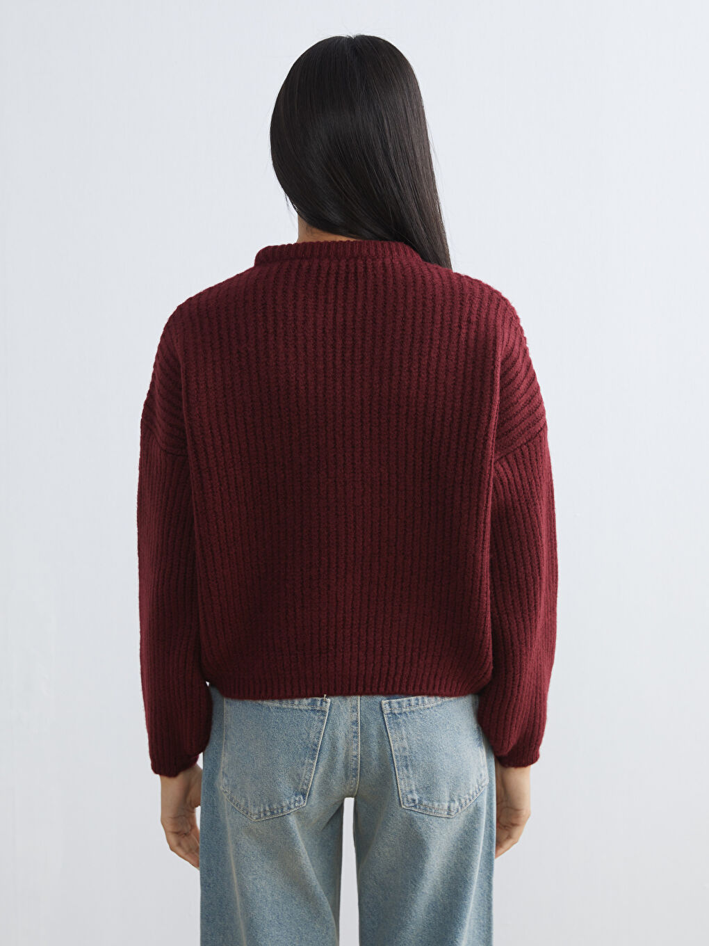 Bordo Bisiklet Yaka Oversize Kadın Triko Kazak-3