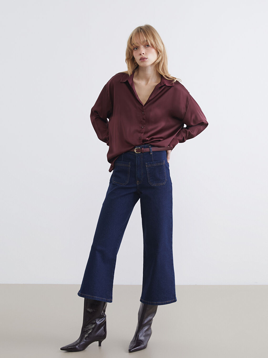 İndigo Beli Kemerli Wideleg Kadın Jean Pantolon