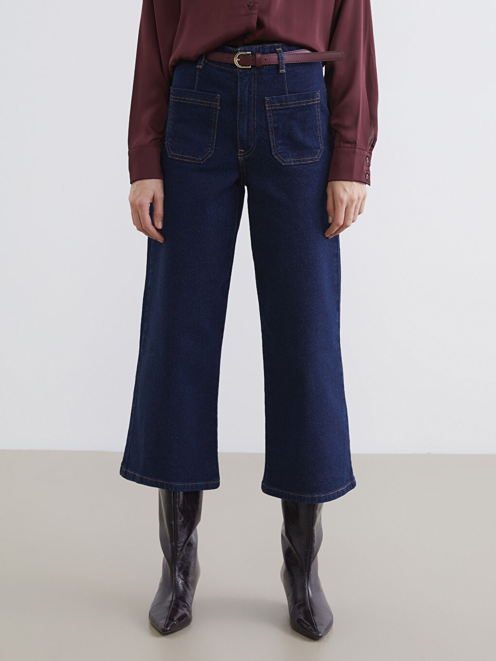 İndigo Beli Kemerli Wideleg Kadın Jean Pantolon-1