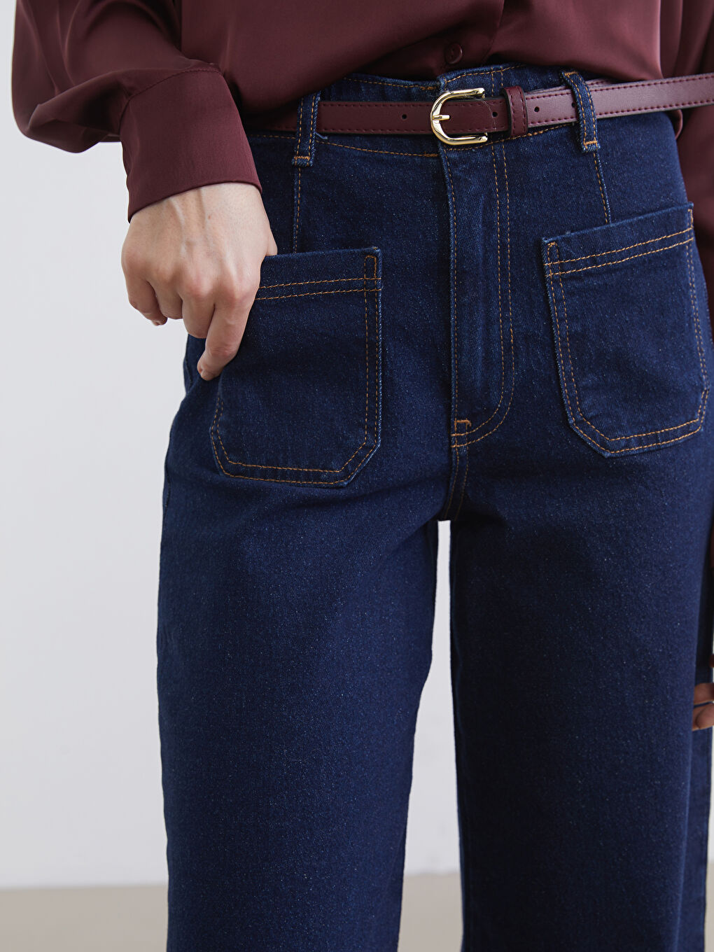 İndigo Beli Kemerli Wideleg Kadın Jean Pantolon-2