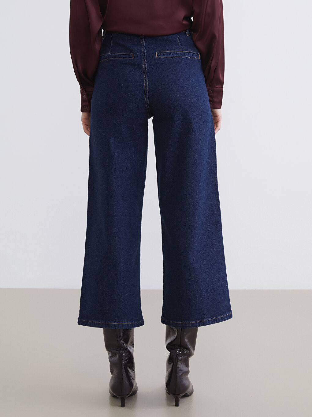 İndigo Beli Kemerli Wideleg Kadın Jean Pantolon-3