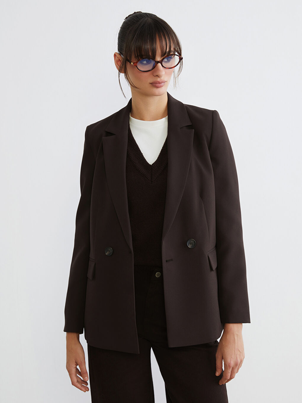 Kahverengi Krep Kadın Blazer Ceket