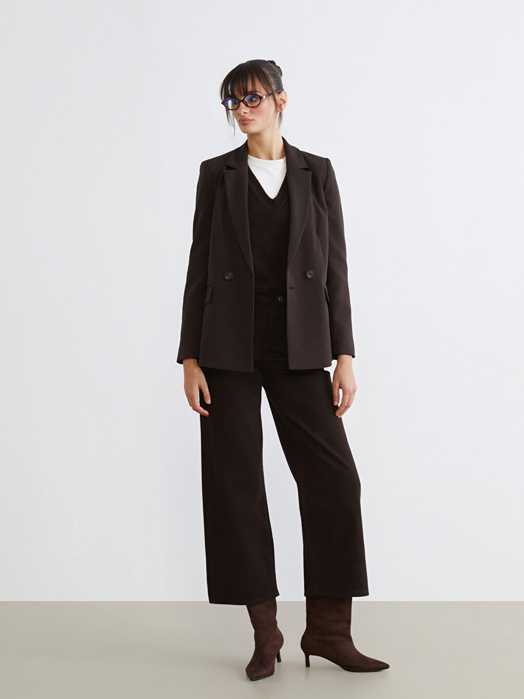 Kahverengi Krep Kadın Blazer Ceket-1