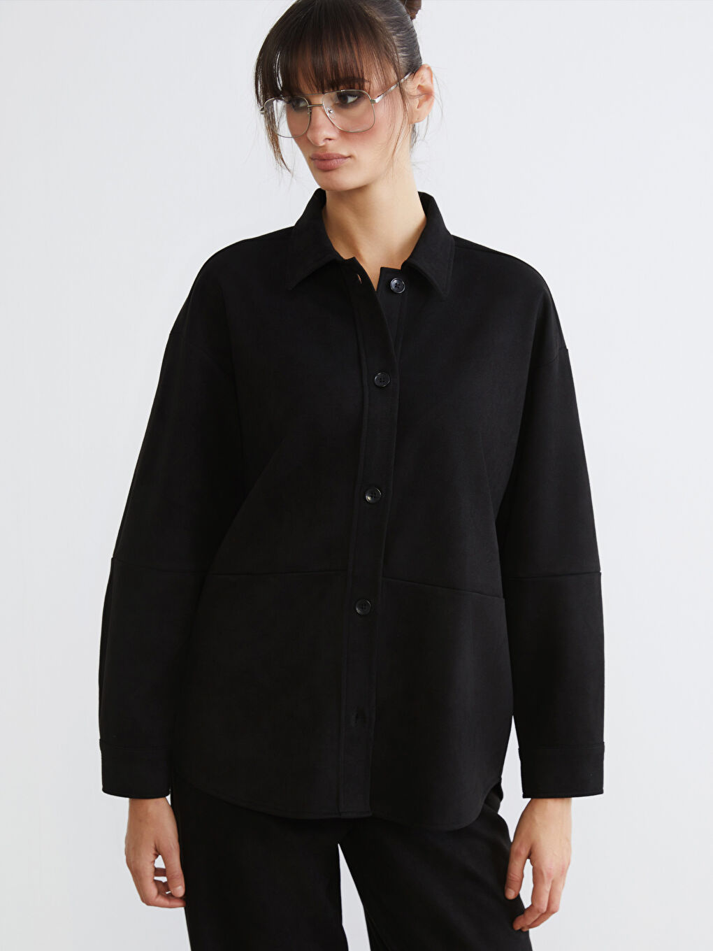 Siyah Oversize Kadın Süet Görünümlü Gömlek