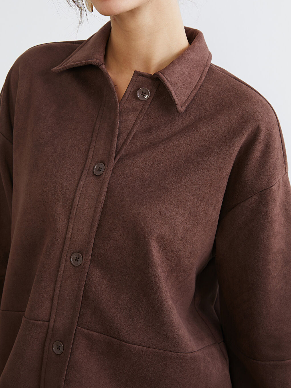 Kahverengi Oversize Kadın Süet Görünümlü Gömlek-2
